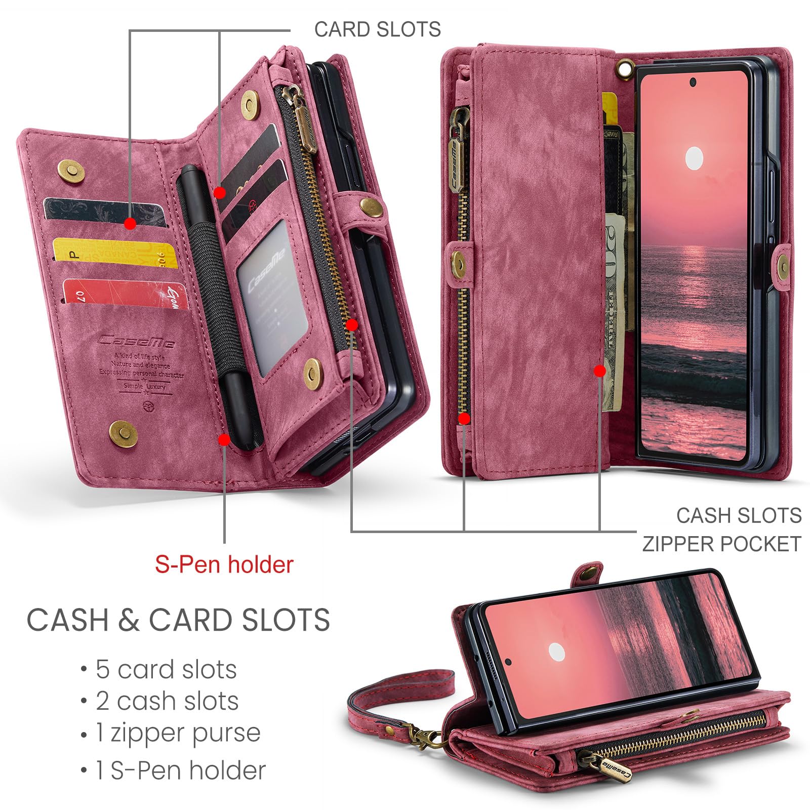 UFinetech Z Fold 6 Case, Shockproof Card Holder Flip Zipper Slots Wallet Cover for Galaxy Z Fold6 Case, Built-in S-Pen Holder - Image 2