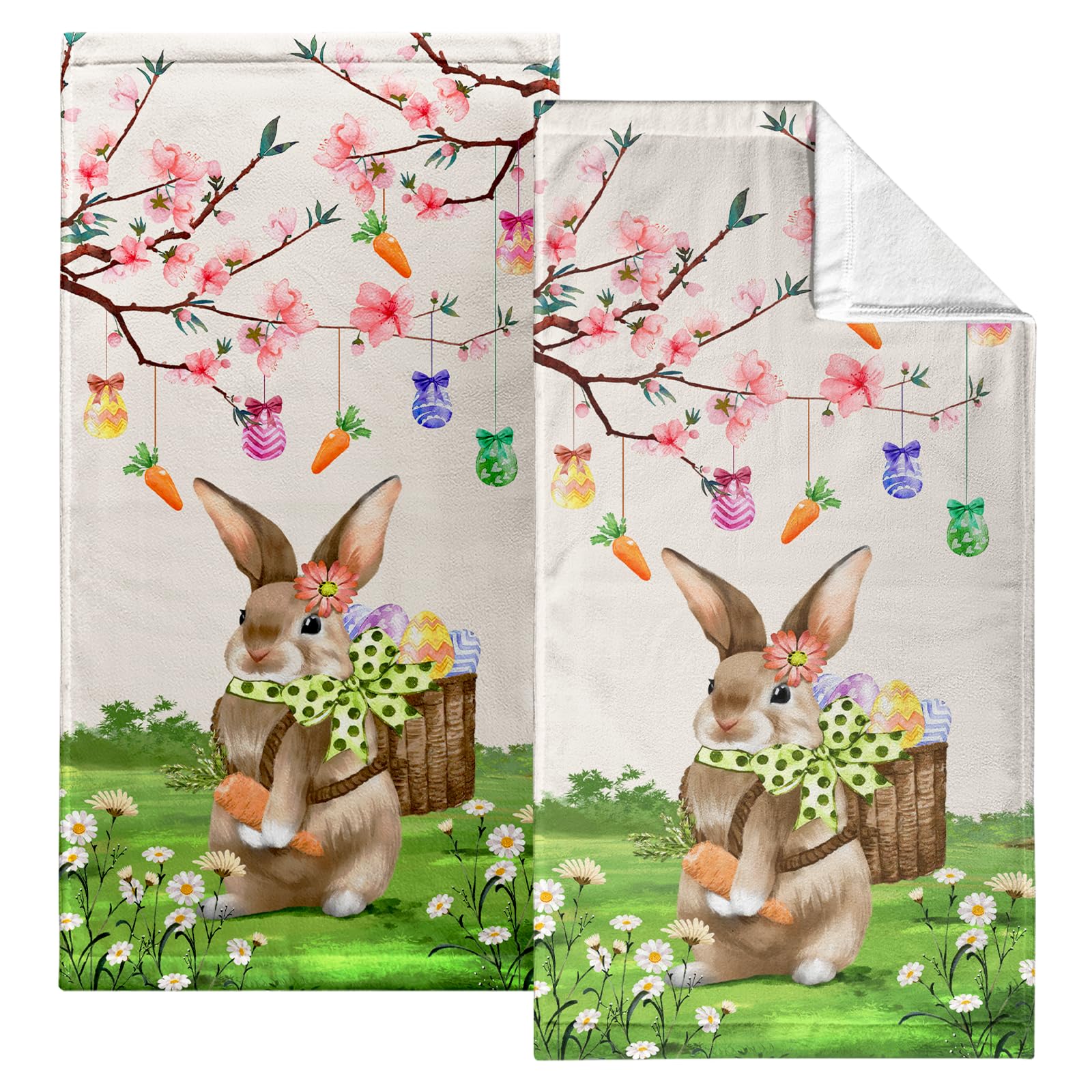 Photo 1 of (PACK OF 2)Lealeg Easter Hand Towel Spring Bunny Floral Dish Towel Watercolor Easter Eggs Rabbit Carrot Kitchen Drying Tea Towel for Spring Holiday Bathroom Hotel Gym Decor, 14.4x28.3 Inch, Set of 2 Easter Bunny Hand Towel