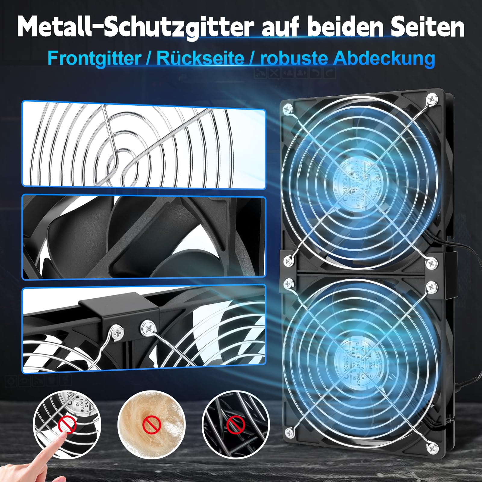 240 mm Doppelluefter, 2 x 120 mm 12 V Gehaeuseluefter Lüfter mit stufenlosem Drehzahlregler, Metall-Schutzgitter, fuer PC, Router, Netzteil