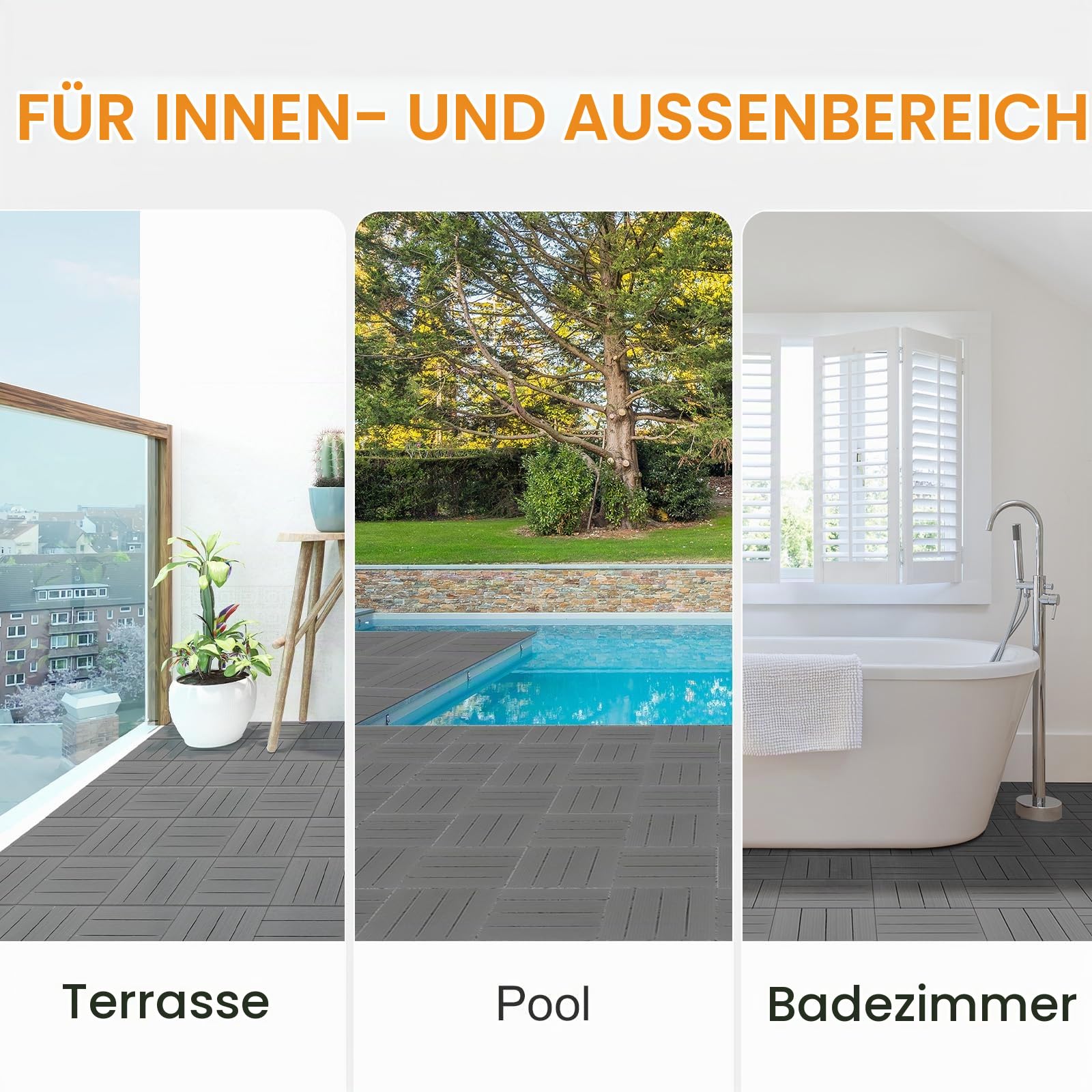LEADZM WPC Fliesen, Balkon Bodenbelag - 30 x 30 cm 27 Stück / 2,4m² - Wetterfeste Terrassenfliesen mit Klicksystem, Geeignet für Balkon und Garten, Horizontale Streifen - Dunkelgrau