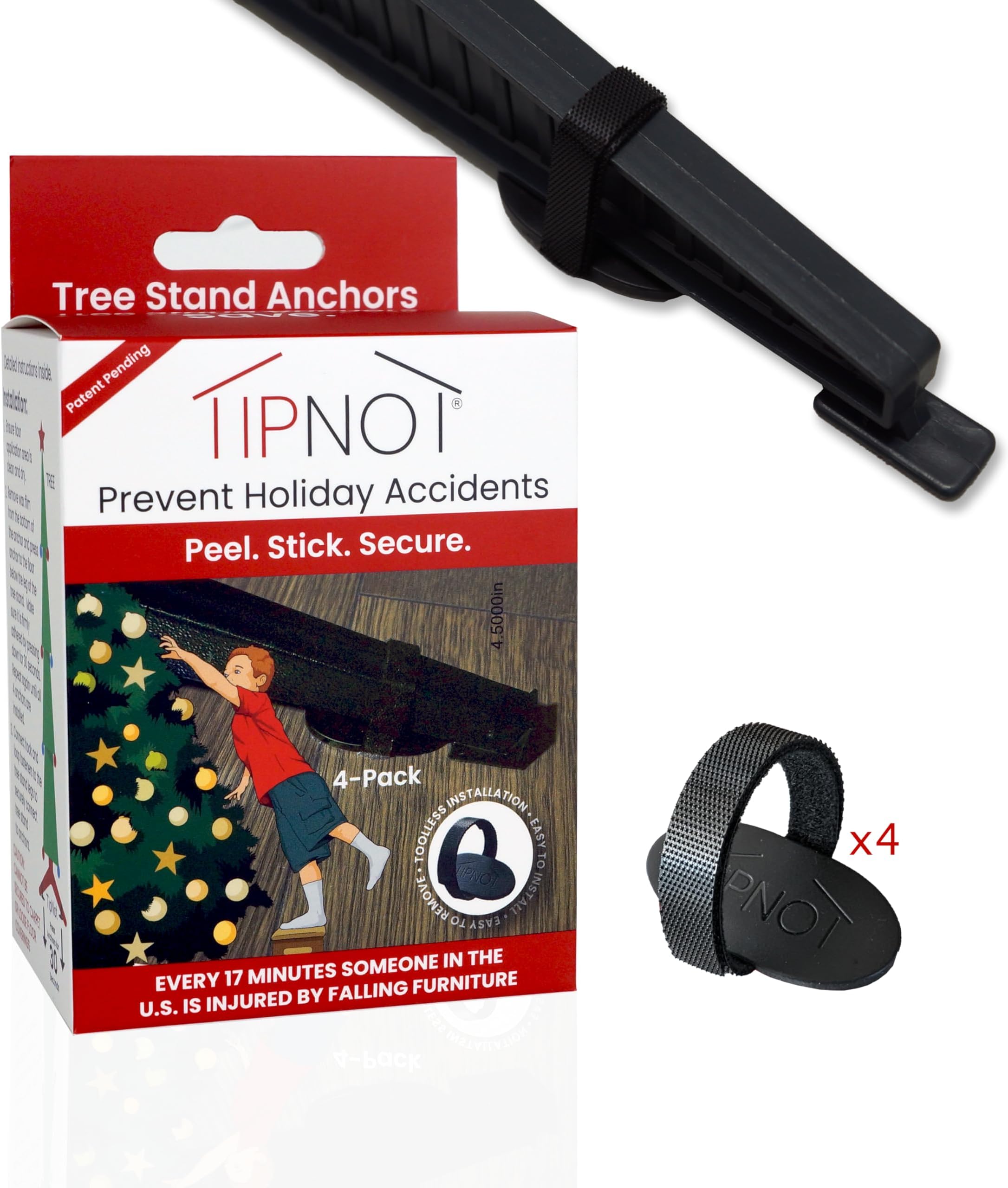 Tree Stand Anchor, No-Drill, Anti-Tip, Adhesive Safety Straps - Just Peel & Stick to Childproof and Babyproof Your Home 4-Pack