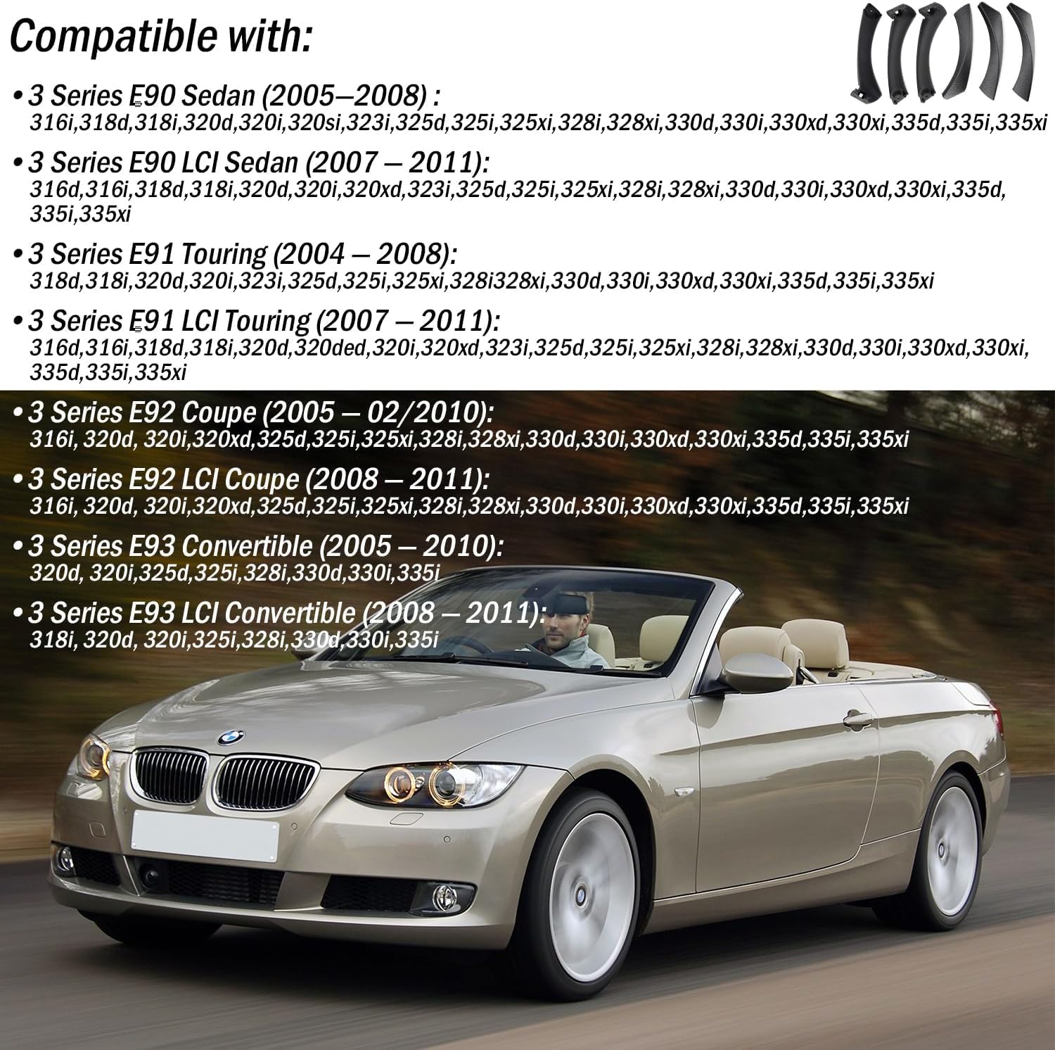 HEYOUTH 6 PCS Compatibel for BMW 3er E90/E91/E92/E93 Handgriffe links+Türgriff innen Rechts, Türgriff Innen Beifahrer,Griff und Griffverkleidung für 316 318 320 323 325 328 330 335(2005-2011) Schwarz