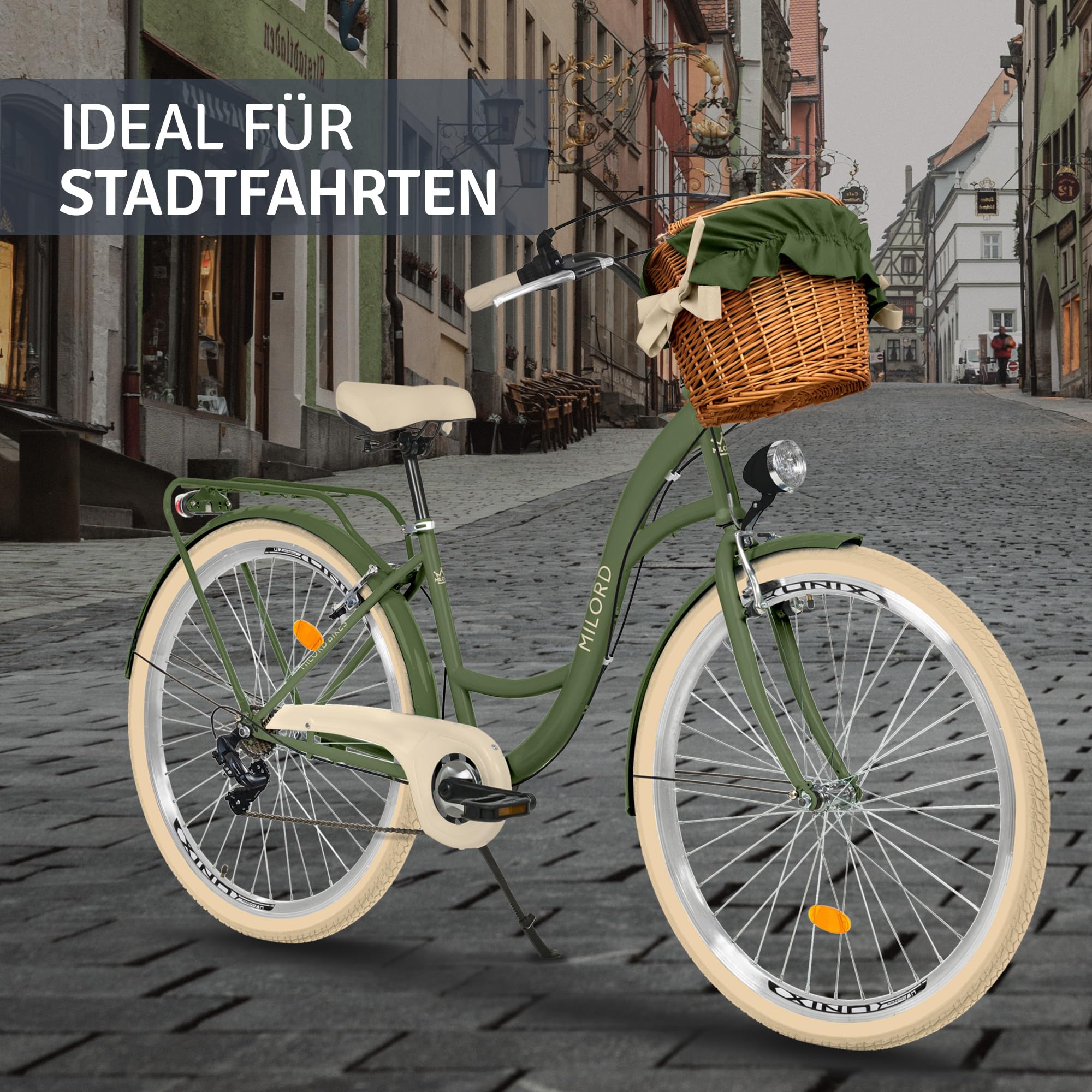 Balticuz OU Komfort Fahrrad Citybike Mit Weidenkorb Damenfahrrad Hollandrad Retro, 26 Zoll, Grün-Creme, 7-Gang Sport & Freizeit