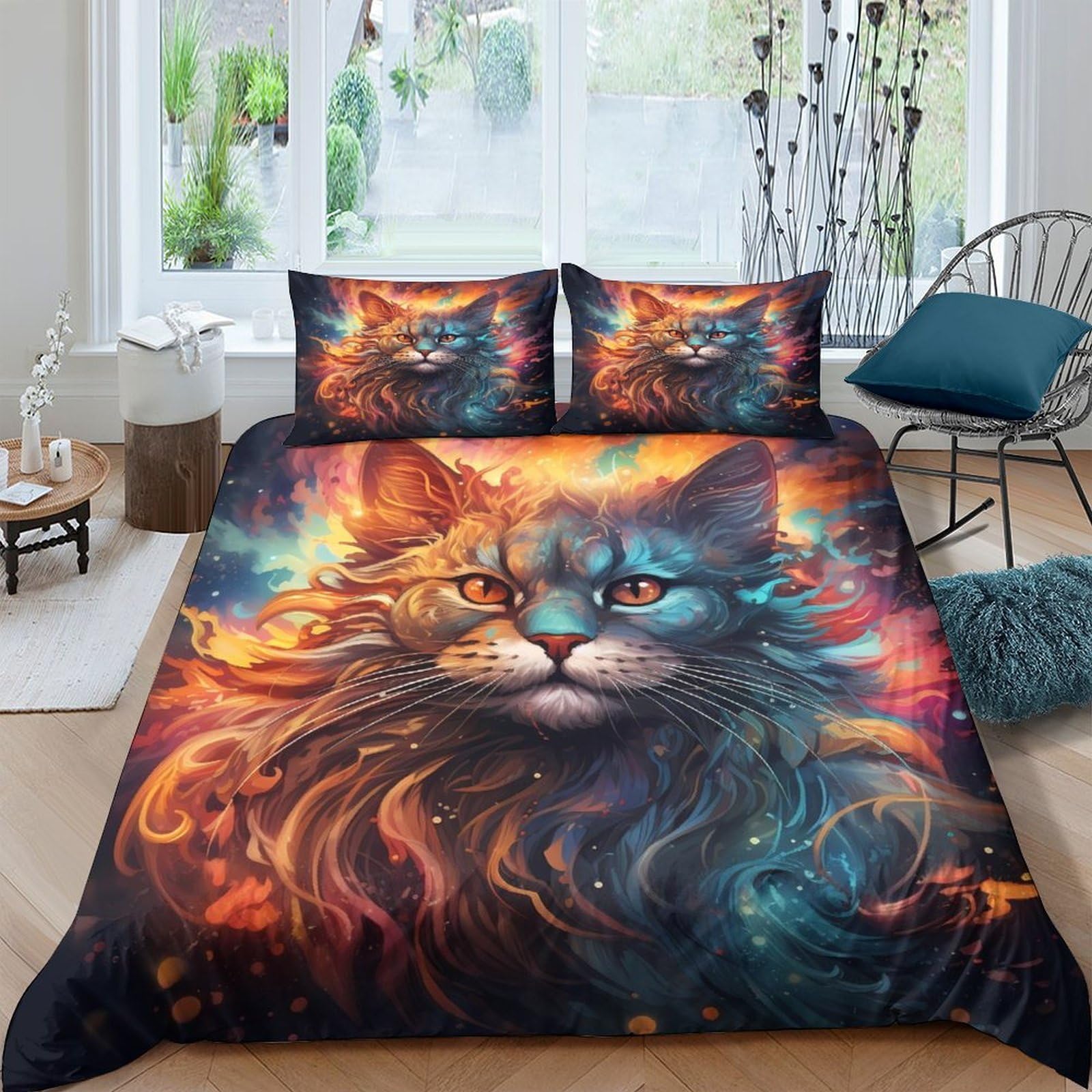Ctjqhvkz Style-8 3D Printed Fire Cat Fitted Sheet Microfiber Soft Breathable Fantasy Lion Mattress Cover For Bedroom Dorm Decor Single（135X200cm）