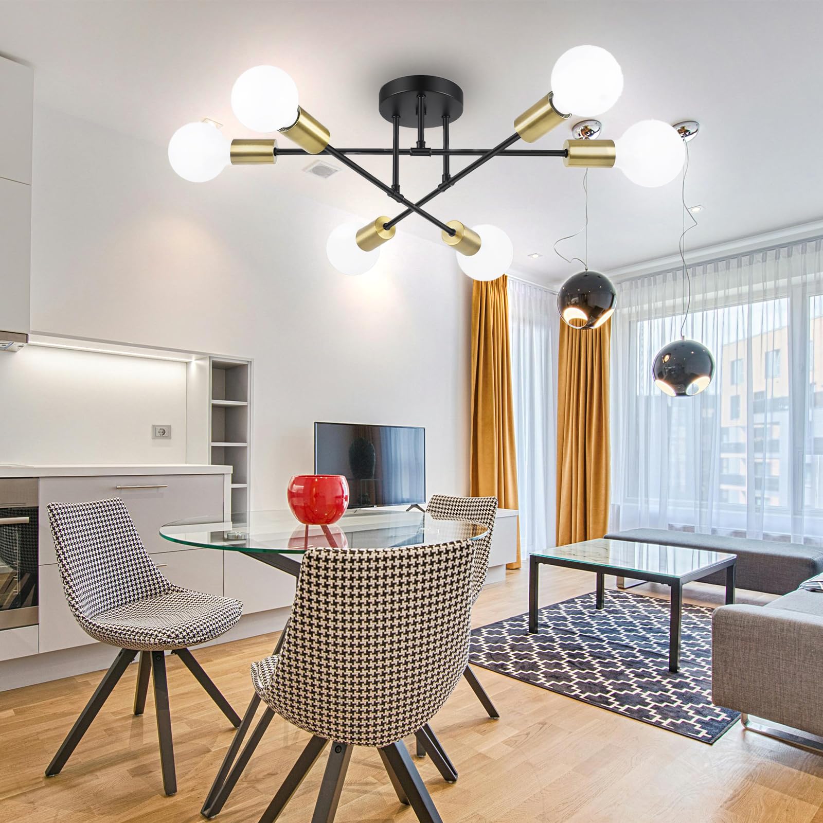 Chandelier Sputnik Ceiling Light, 6 Lights E27 Black Gold Modern Chandelier - Image 4