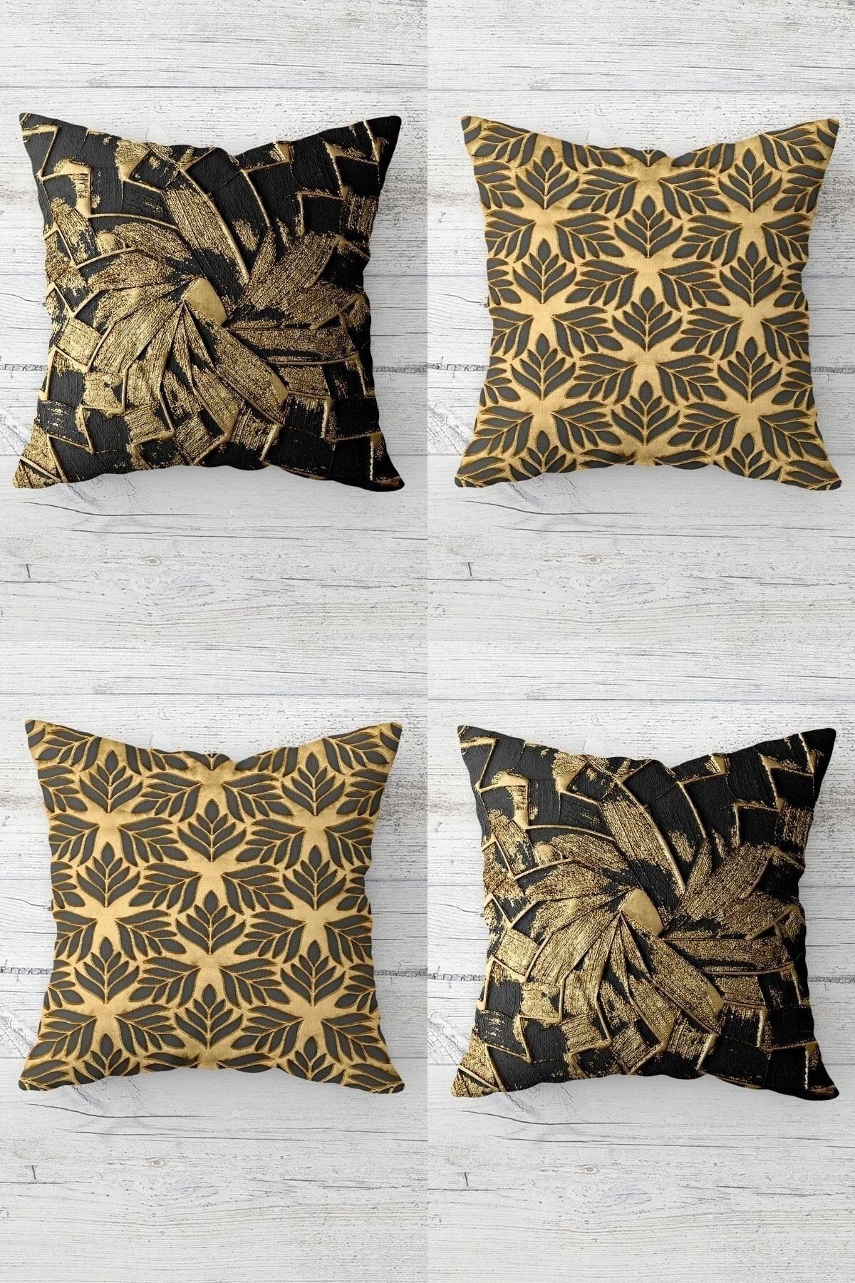 Pelangi Gold Çiçek Desenli Gizli Fermuarlı Kırlent Kılıfı Koltuk Yastık Kılıfı Takım(4adet), Haki-Gold 45 x 45