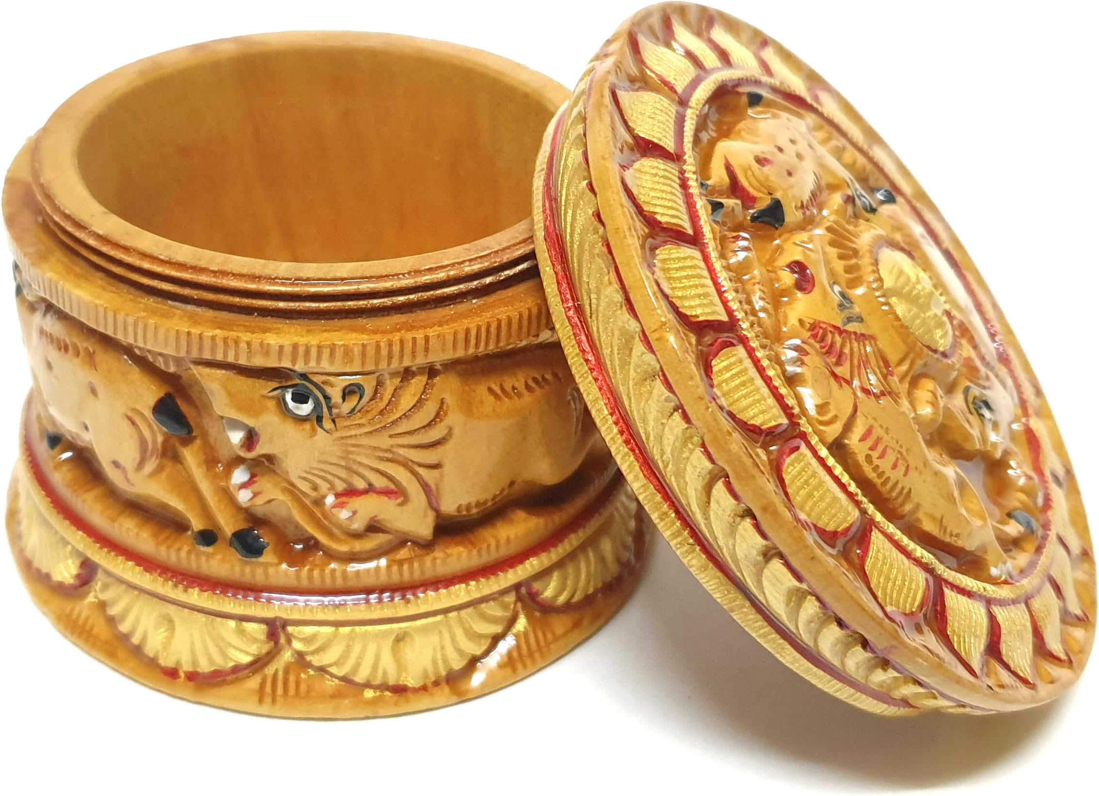 ADK Traditional Multicolour Wooden HandCarved HandPainted Multi Purpose Box, Jewellery, Powder, Organiser, Gift Box (7x9.5x9.5 cm)