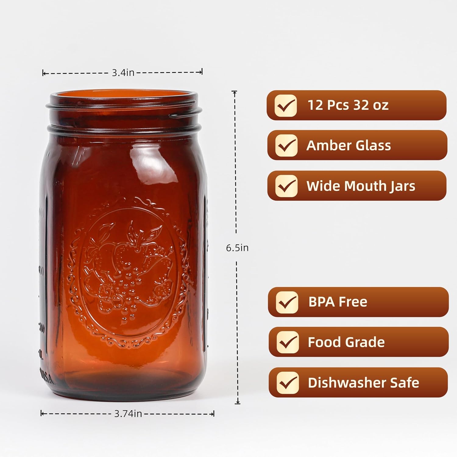 Amber Glass Mason Jars, 32oz Wide Mouth Jars 12 Pcs, Air Tight, Leak Resistant, Large Canning Jars, Quart Mason Jars for Canning, Storing Food, Spices, Meal Prep and Overnight Oats