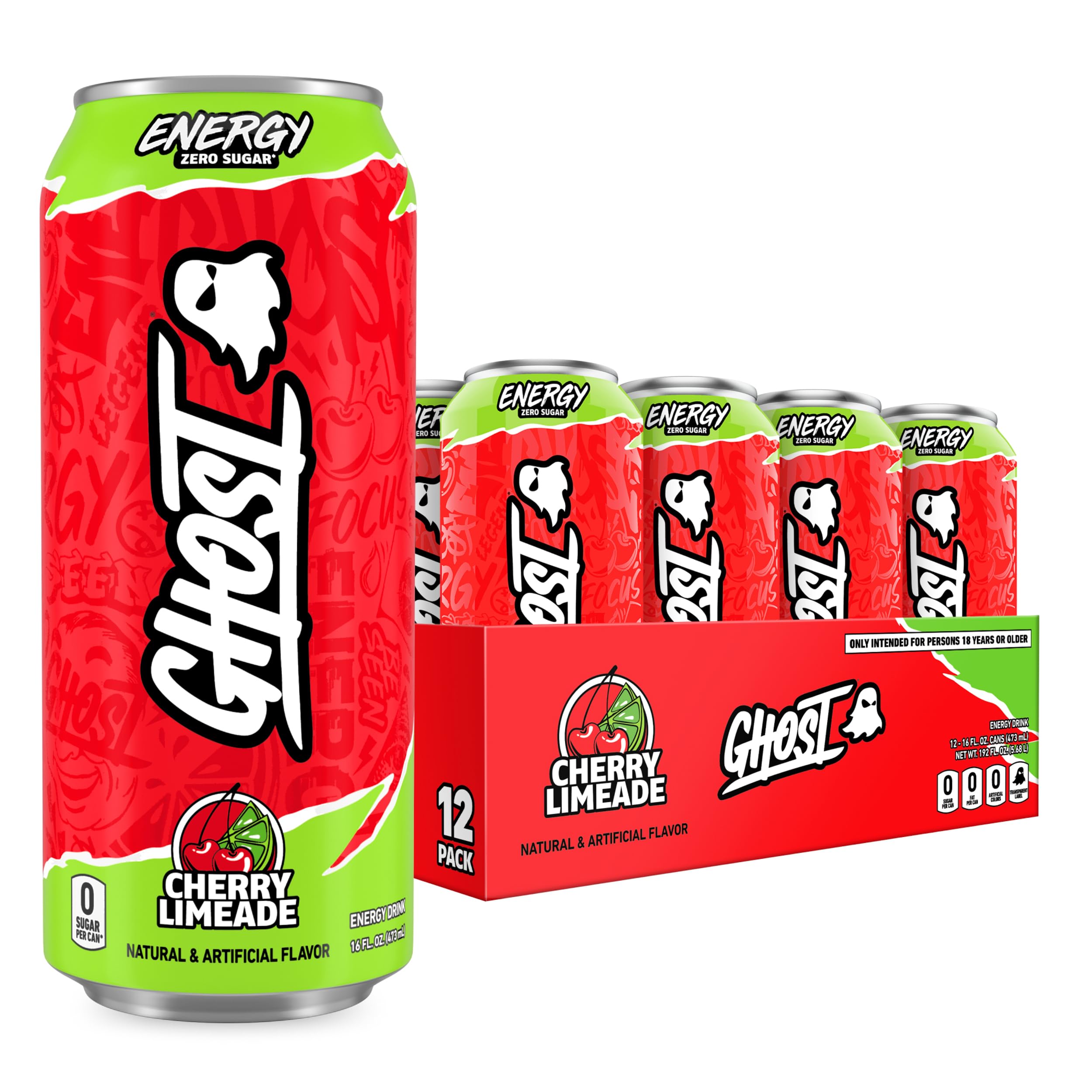 Energy Drink - 12-Pack, Cherry Limeade, 16oz - Energy & Focus & No Artificial Colors - 200mg of Natural Caffeine, L-Carnitine & Taurine - Gluten-Free & Vegan
