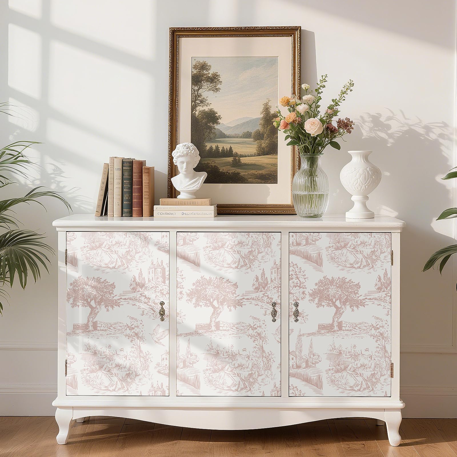 FunStick 44.5CMx9M Papel Pintado Rosa y Gris Papel Adhesivo Pared Baño Hojas Árboles Impermeable Revestimiento Muebles Armario Blanco Gris Castillo Jardín Vintage Vinilo Adhesivo Flores y Pájaros