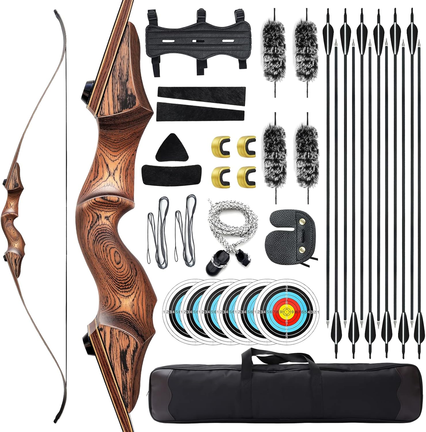 60" Black Hunter Takedown Recurve Bow 20-60 Lbs Wood Riser Right Hand Archery Bow Recurve Practice Bow with Arrows and Extra Bowstring for Adults Target Parctice