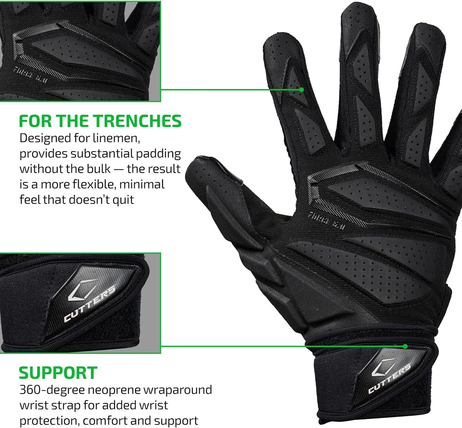 Cutters Force Padded Football Gloves for Lineman. Extra Grip. Adults