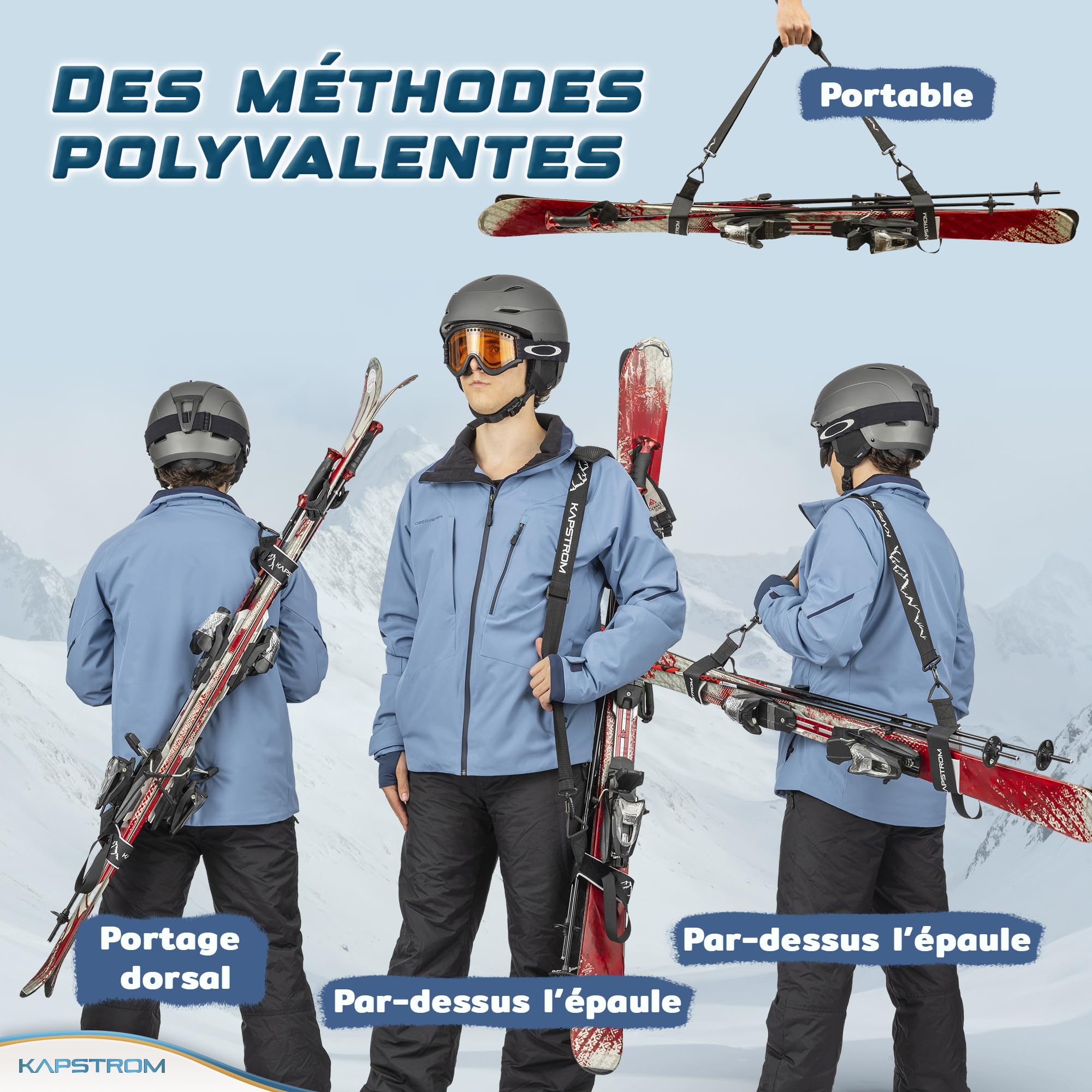 Sangles de Ski et Porte-bâtons – Noir – Durable avec Longueur de Sangle réglable et bandoulière rembourrée