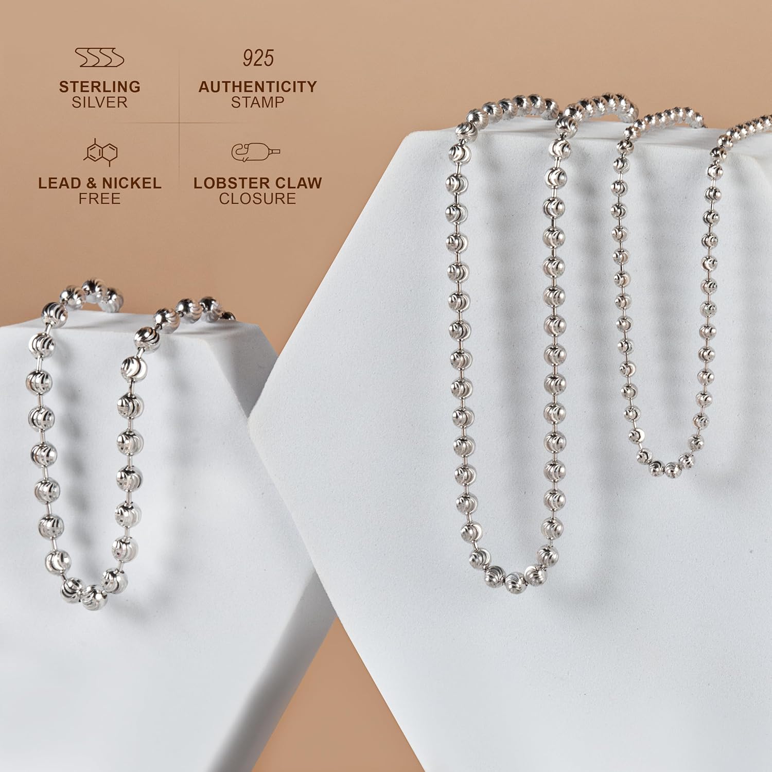 PORI JEWELERS 925 Sterling Silver 3mm, 4mm, 5mm Moon Cut Bead Chain Necklace - Made in Italy - Yellow, Silver