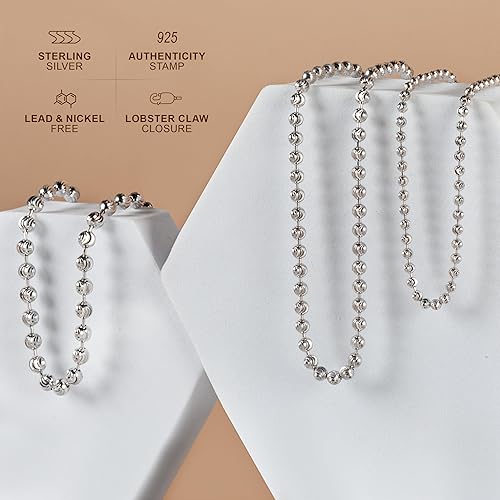 Miniatura 6 de PORI JEWELERS 925 Sterling Silver 3mm, 4mm, 5mm Moon Cut Bead Chain Necklace - Made in Italy - Yellow, Silver