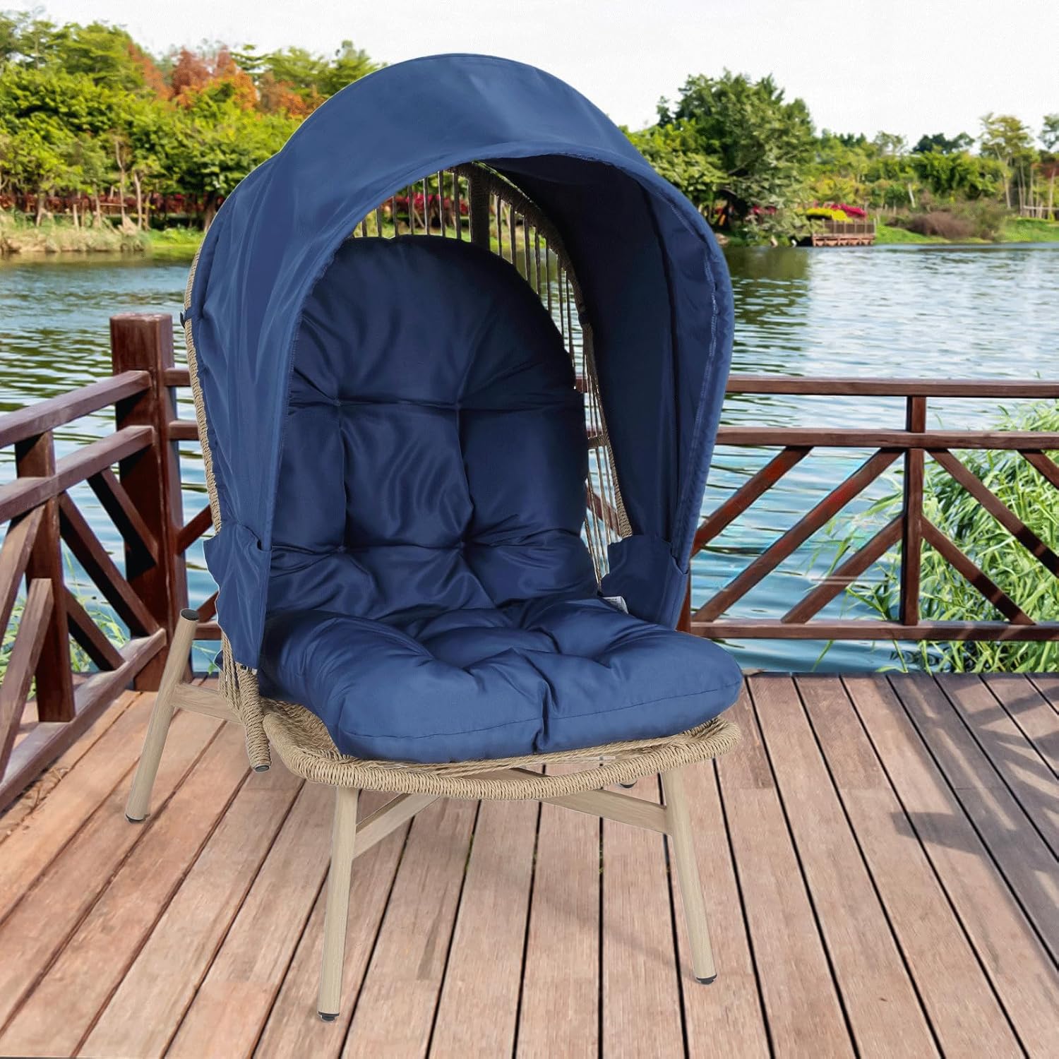 Athena Collection Patio Wicker Egg Chair with Folding Canopy, All-Weather Rattan Patio Lounge Chair with Sun Shade, Balcony Furniture Outside Seating for Front Porch, Garden, Poolside, Outdoor, Blue