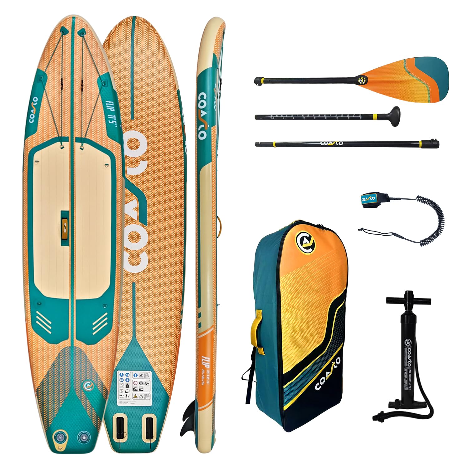 Coasto - Sup Stand Up nadmuchiwana wiosła Coasto Flip 11'5 - PB-CFLIP115-348x81x15cm Dropstitch Tkana - Kompletny pakiet: Wiosło Smycz Pompa Torba transportowa - Do 150kg - Pomarańczowy
