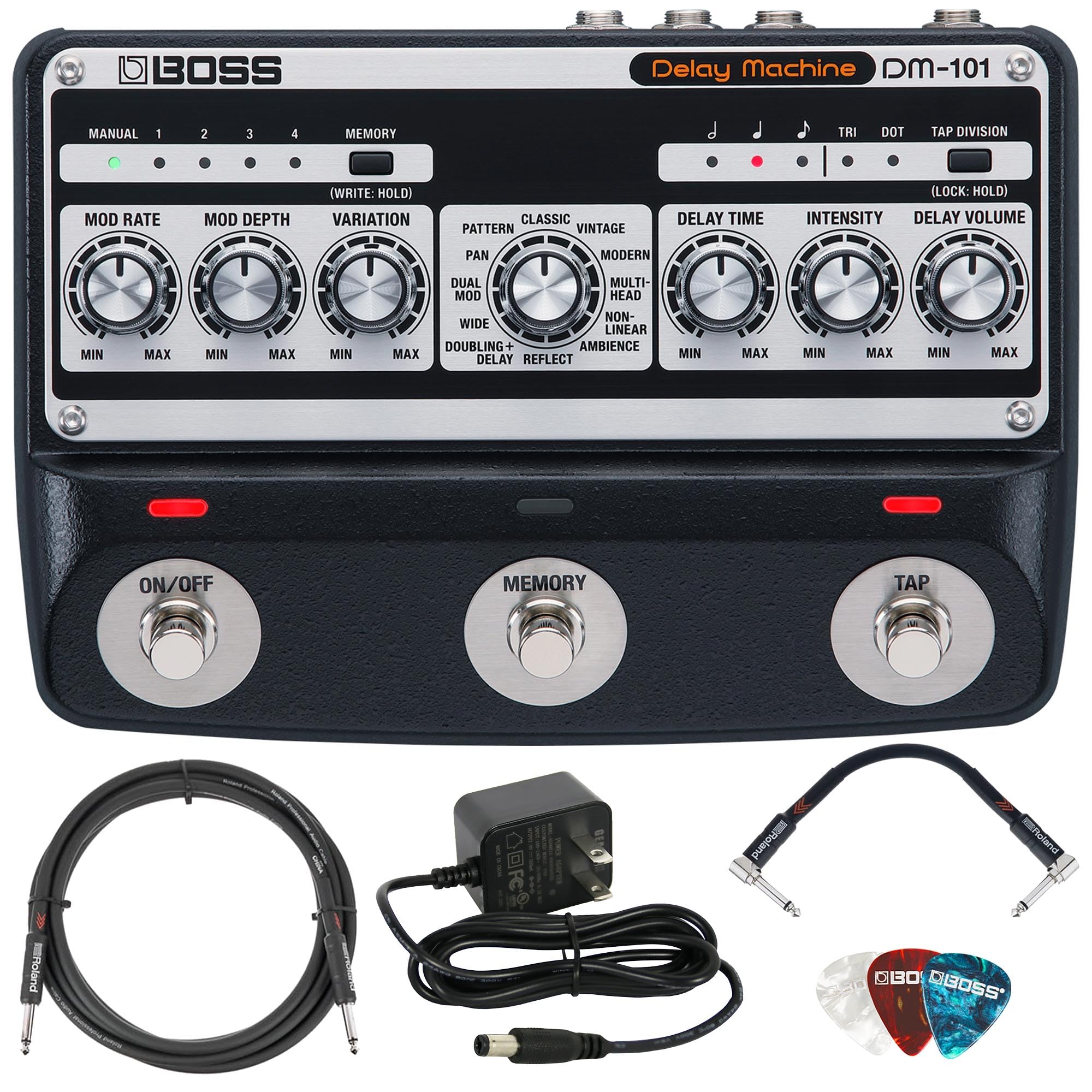 BOSSDM-101 Delay Machine Bundle with 10ft Instrument Cable, 6 Inches Patch Cable, and Picks