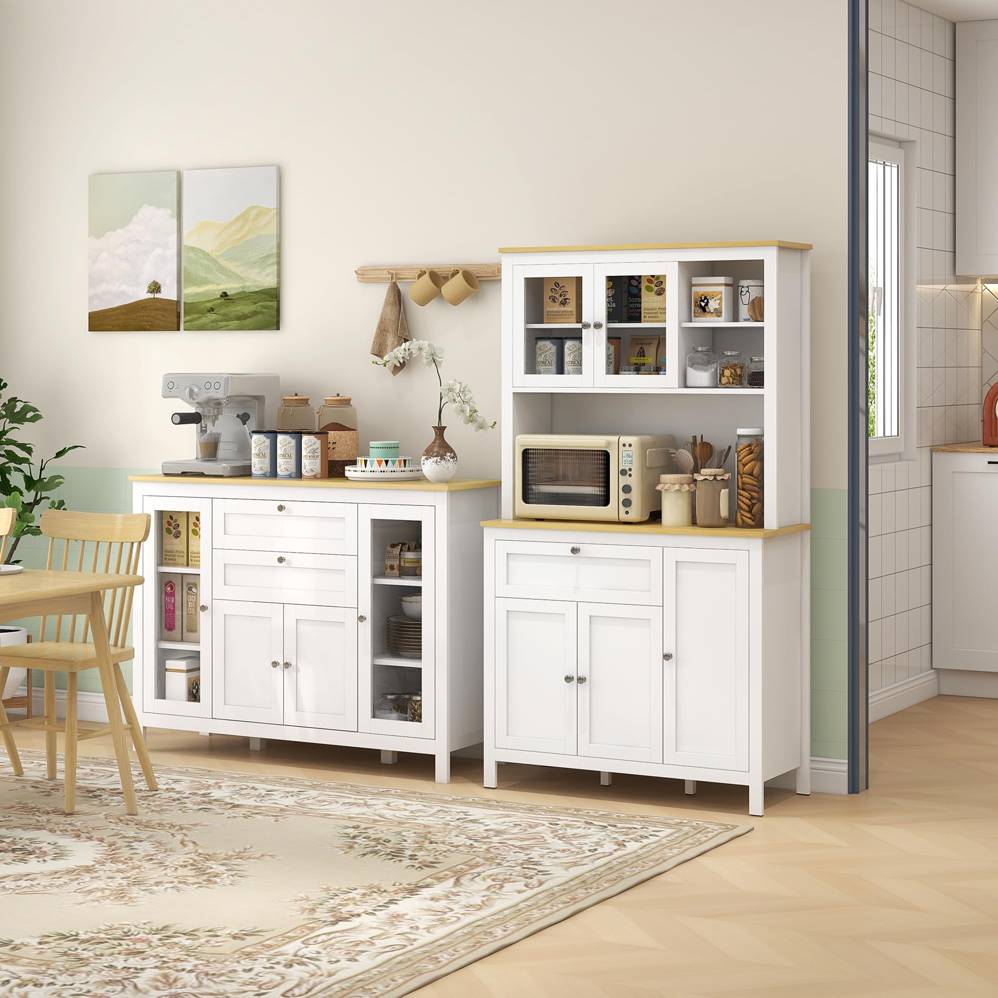 HOMCOM Credenza Cucina, Mobile Cucina con 2 Cassetti, 3 Armadietti, Piano d'Appoggio in Caucciù, Credenza Buffet con Ante a Vetro, Ripiani Regolabili, per Soggiorno Sala da Pranzo, 120x40x90cm, Bianco