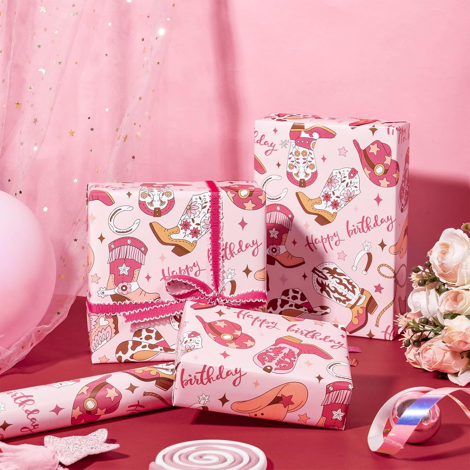 LeZakaa Pink Cowgirl Birthday Wrapping Paper Roll, Festive Western Design, Greetings, for Girl's Birthday Party, Gift Wrap, DIY Crafts, 17 inches x 16.5 Feet (23.2 sq.ft.)