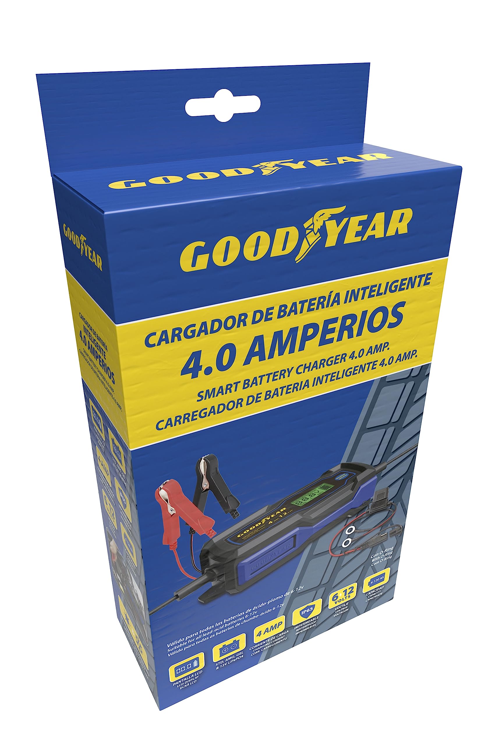 Goodyear Evo Chargeur de Batterie Intelligent 4.0 Amp avec Joint Torique 6-12V pour Les Batteries STD, AGM, Gel et LiFePO4. Capacité de 4-120Ah.