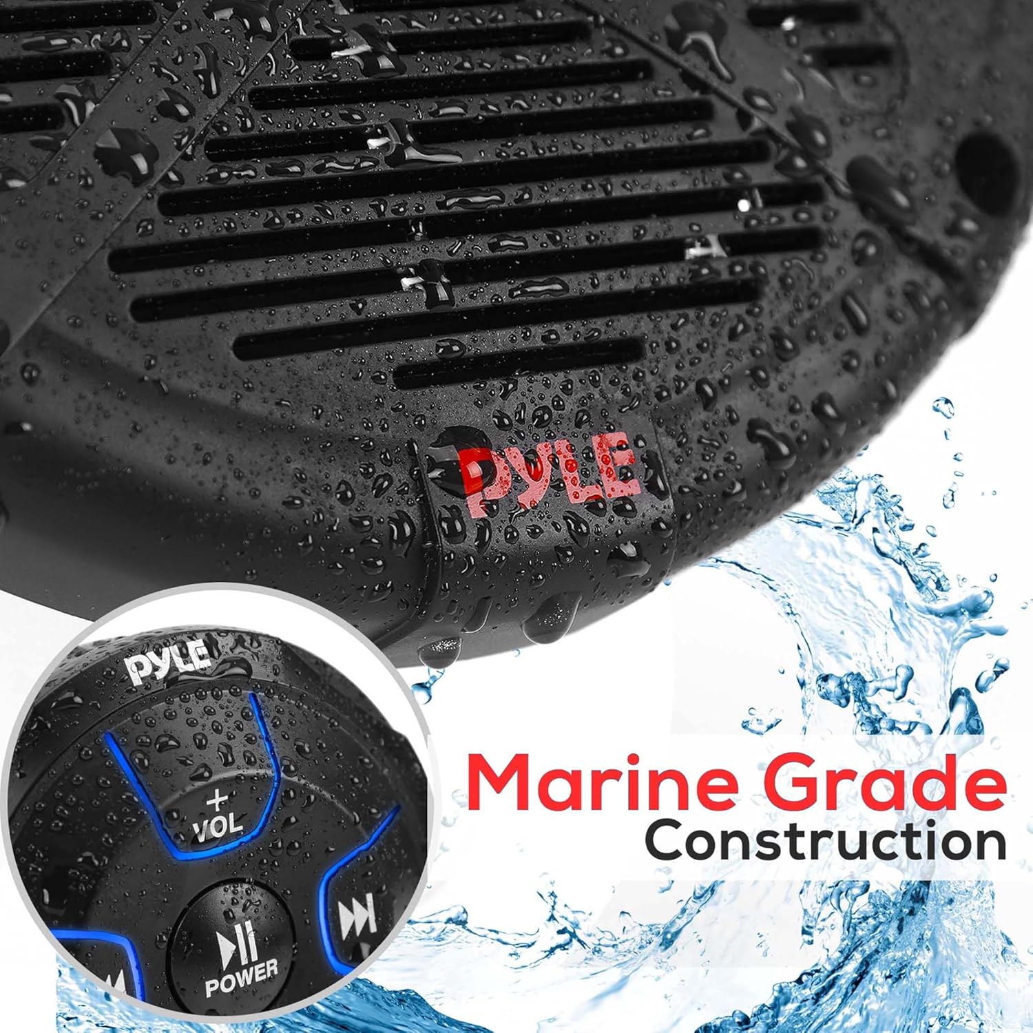 Pyle 6.5'' Dual Marine Speakers Kit - Waterproof-Rated w/Amplified Bluetooth Remote Control Receiver for Powersport Vehicles, IP65 Marine Grade Rating, 600 Watt Max Power PLMRKT8, Black - Image 3