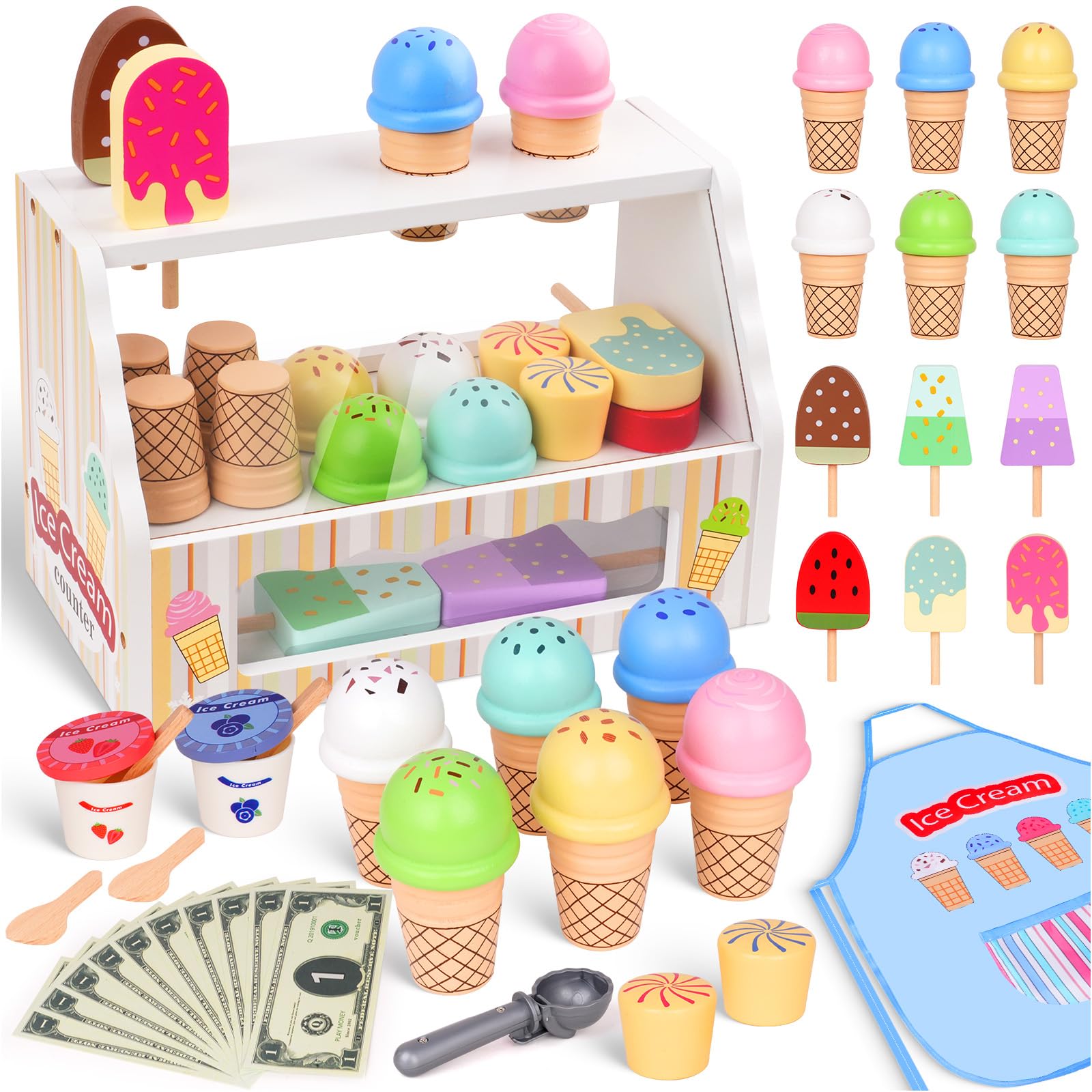 Wooden Ice Cream Toy, Ice Cream Counter Playset for Kids, Toddler Pretend Play Kitchen Accessories with Colorful Apron, Food Scoop, Menu, Fake Money, Birthday Gift Toys for 3 4 5 6 Year Old Boys Girls