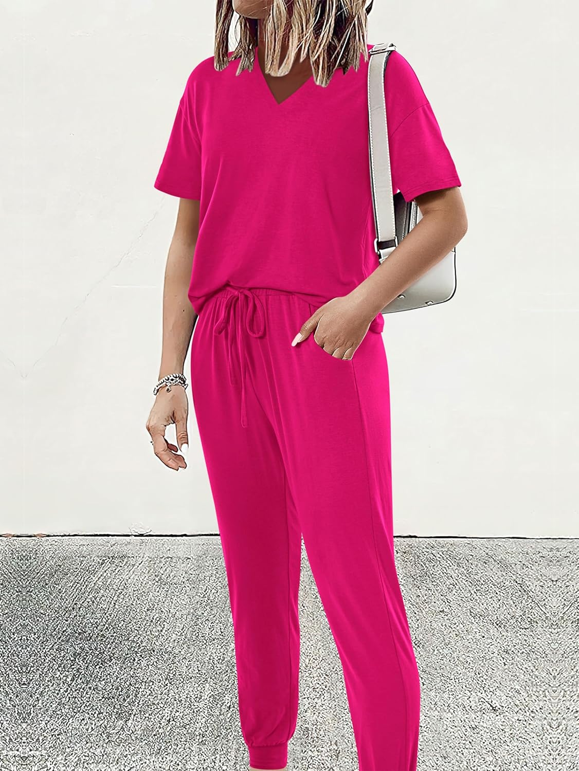 MASCOMODA Womens 2 Piece Outfits Summer Casual V Neck Short Sleeve Tops Long Pants Tracksuit Lounge Jogger Set with Pockets - Image 2