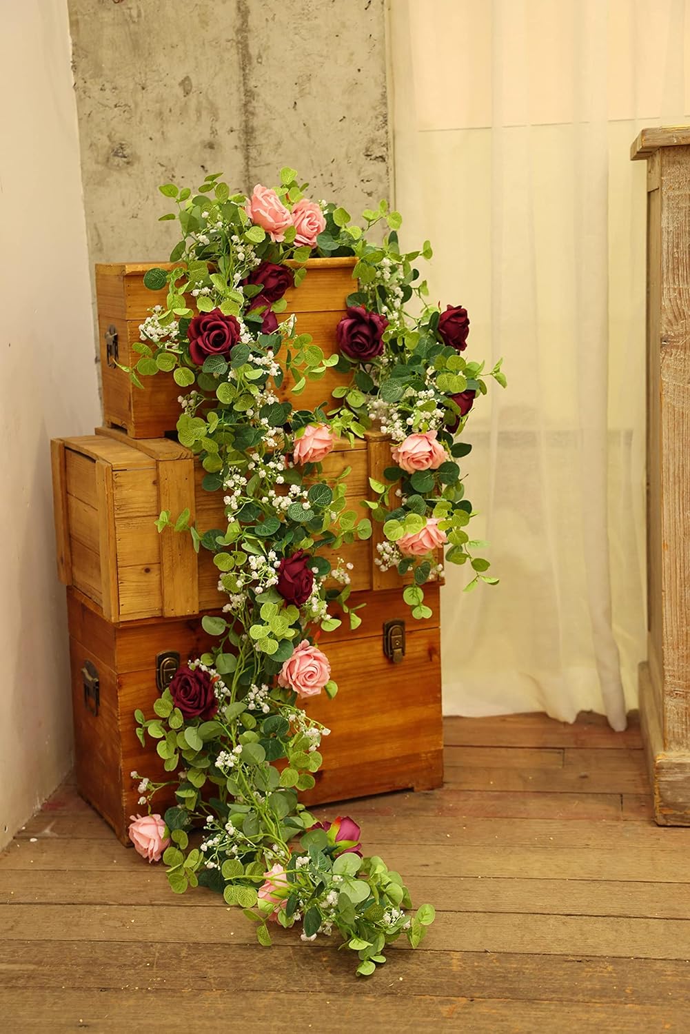Anna's Whimsy 5.91FT Artificial Eucalyptus Garland with Flowers, Fake Rose Gypsophila, Faux Floral Garland Greenery for Wedding Spring Party Art Table Runner Decor (Pink, 1)