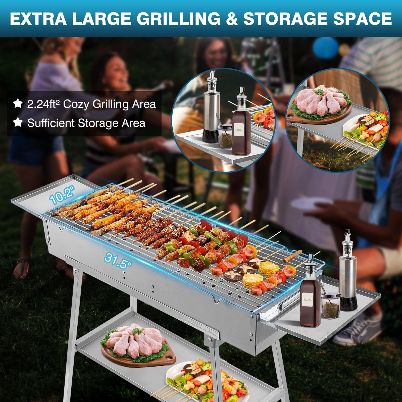 Parrilla de carbón portátil para cocinar al aire libre, 32 pulgadas de largo x 10 pulgadas de ancho, parrilla plegable para acampar con estante de almacenamiento, brochetas de metal para 3