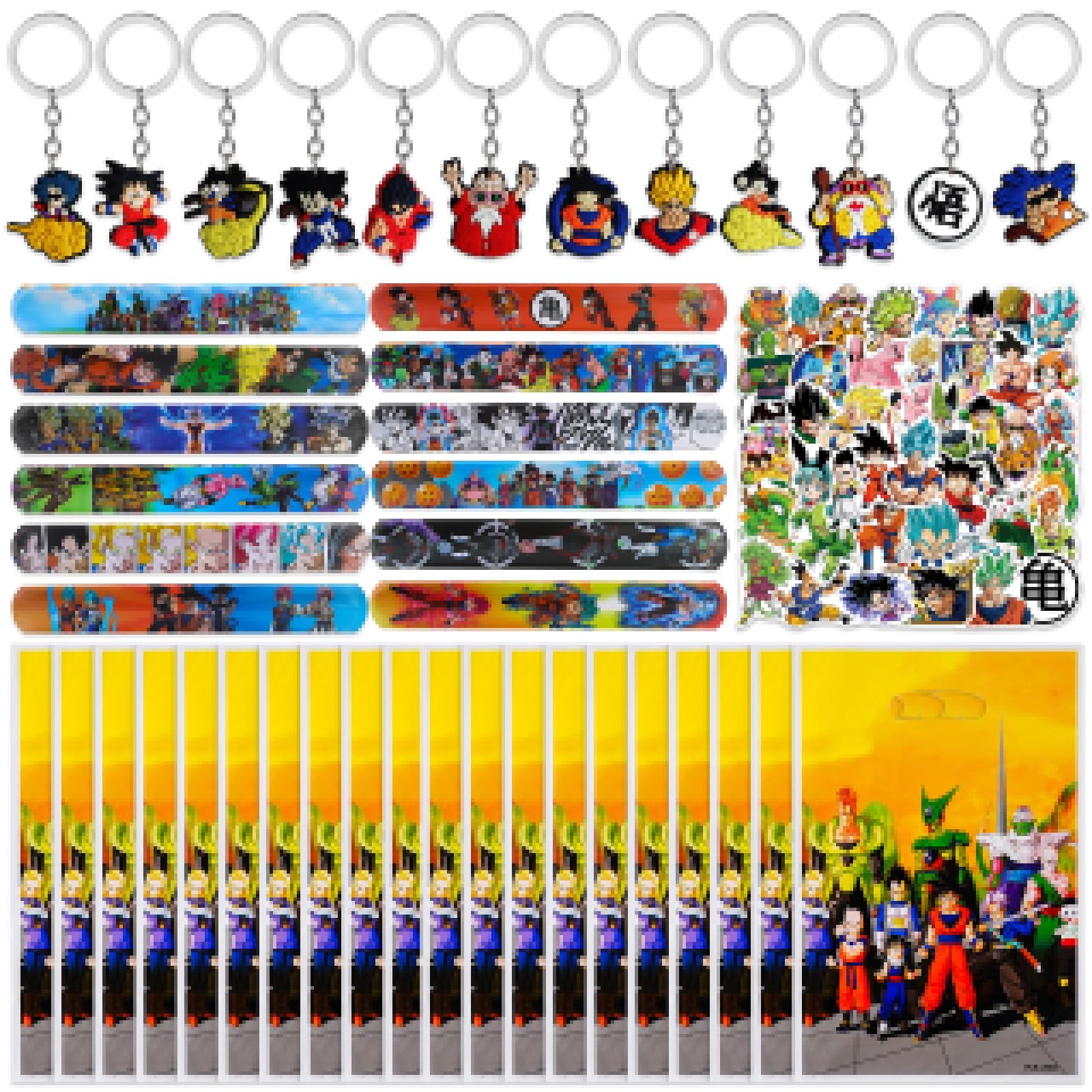 94 pezzi Set di articoli da regalo per feste, 20 sacchetti regalo Goku Party + 12 portachiavi + 12 braccialetti + 50 adesivi, per feste di compleanno per bambini, regali, omaggi, accessori per feste
