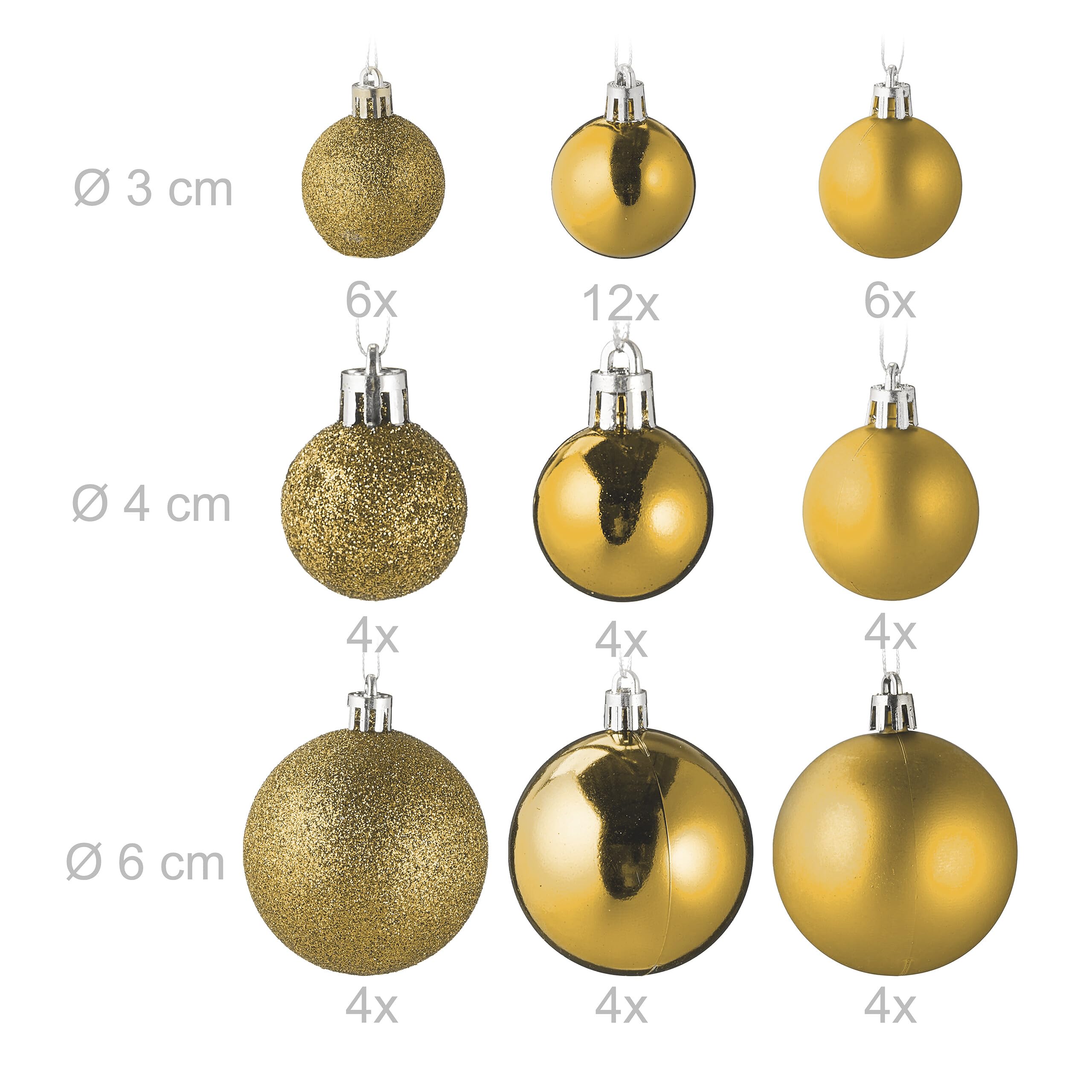 Relaxdays Palline di Natale, Set 100 Addobbi Natalizi, Palle Opache, Lucide, Glitter, 10 Design Diversi, Plastica, Oro