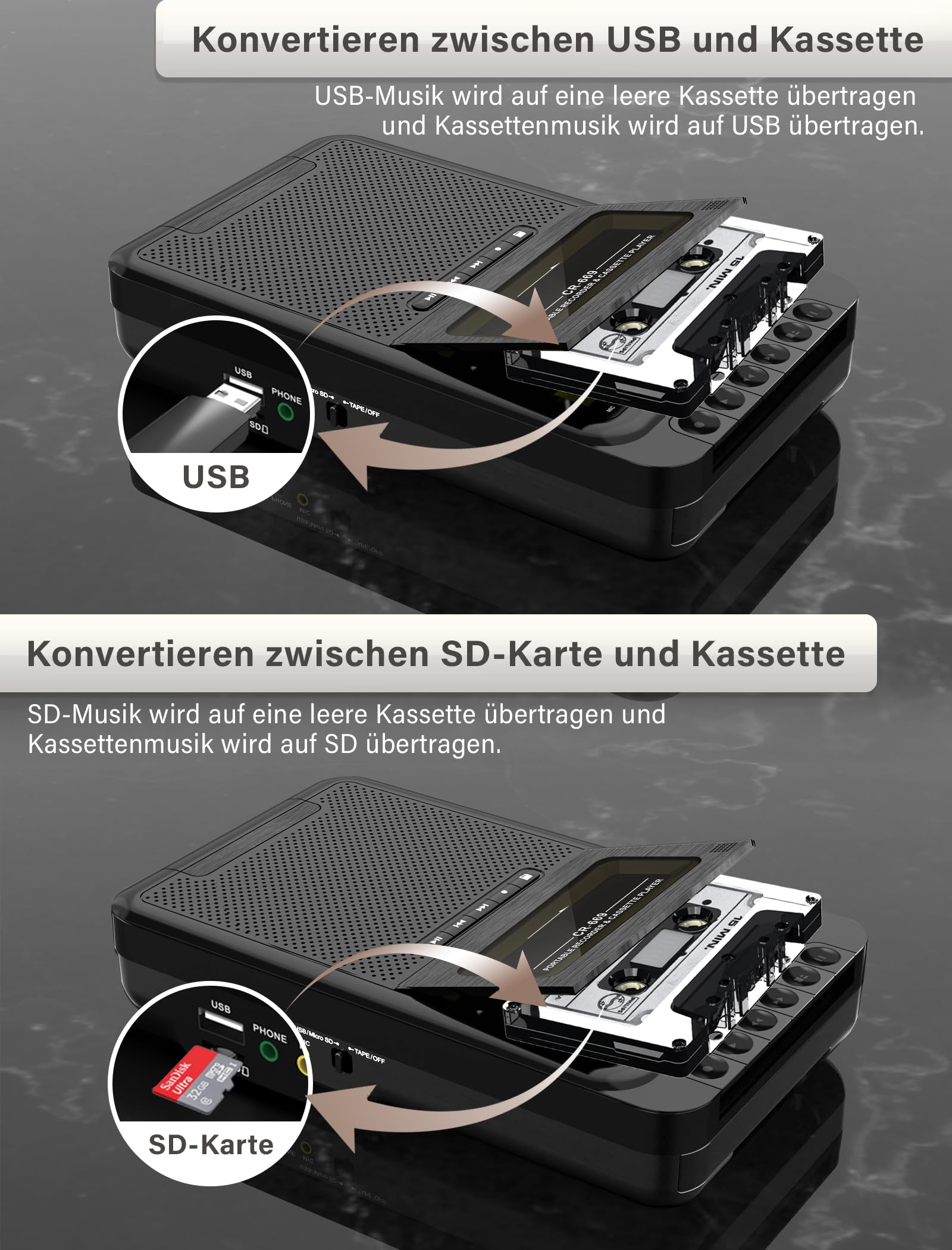 Lettore a cassette portatile con registrazione USB/SD e MP3, nero