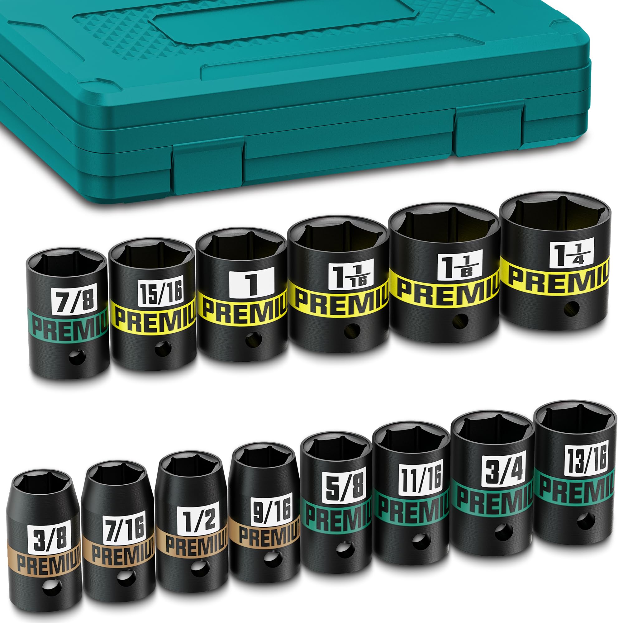 KIRXST 14-Piece 1/2" Drive Shallow Impact Socket Set, 3/8" to 1-1/4", Semi-Deep Sockets, Cr-V, Socket Set for Automotive and Home, SAE, 6 Point