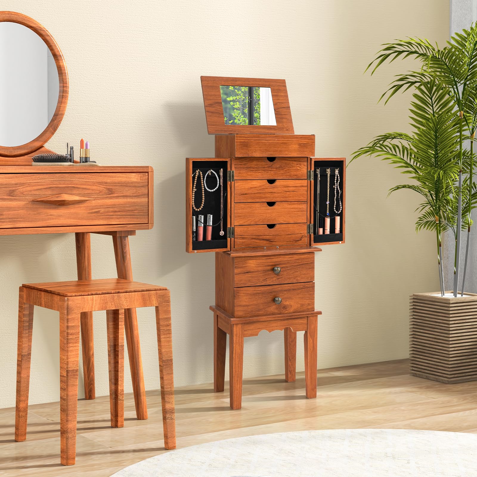 CHARMAID Jewelry Cabinet with 6 Drawers, Standing Jewelry Armoire with Flip Top Mirror, 2 Side Doors with 6 Necklace Hooks, Top Storage Compartments, Wood Jewelry Organizer Chest, Orange
