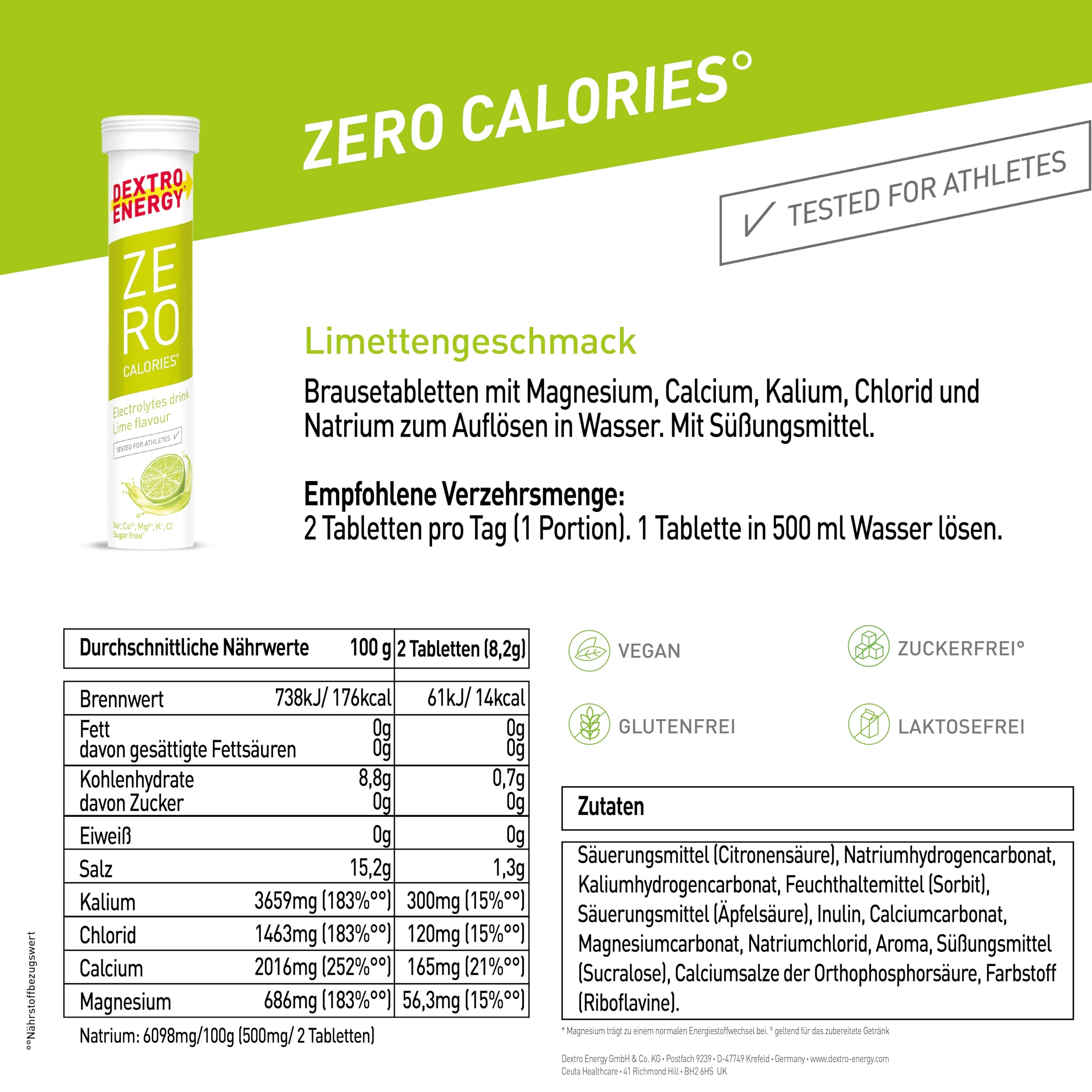Dextro Energy Zero Calories Elektrolyte ohne Zucker Lime - 12x20 Brausetabletten (12er Pack) - Zusatz von Natrium, Magnesium, Chlorid, Calcium und Kalium für Elektrolyt Getränke