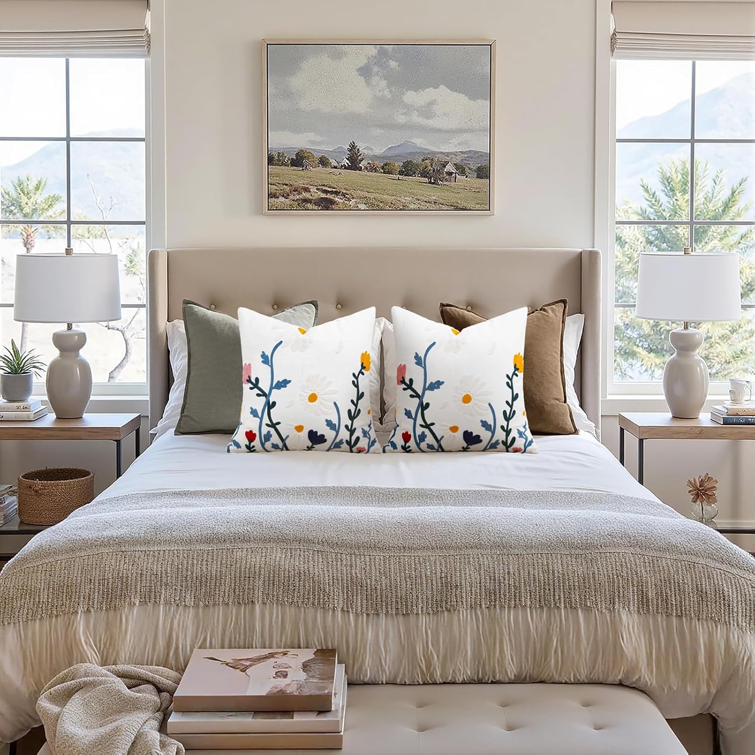 Merrycolor Embroidered Pillow Covers 18x18 Spring Flower Pattern Decorative Throw Pillow Covers Comfortable Cotton Canvas Square Cushion Cases for Sofa Bed Living Room Decor - Image 6