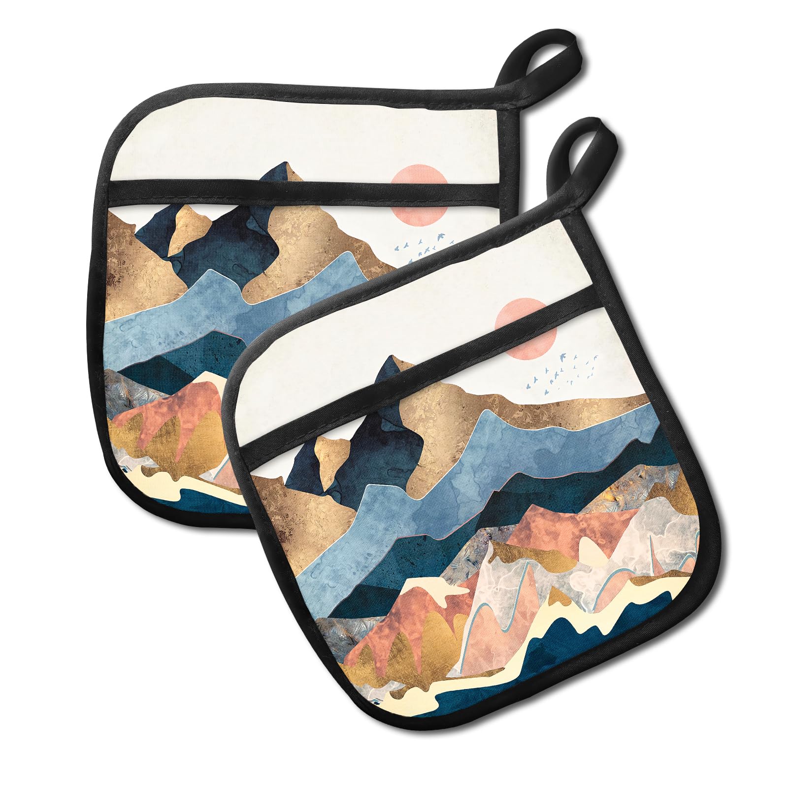JYCardPKT Pot Holders for Kitchen, Heat Resistance Hot Pads, Cute Potholder with Pocket for Kitchen Cooking Baking 2 Packs, Beautiful Mountain View