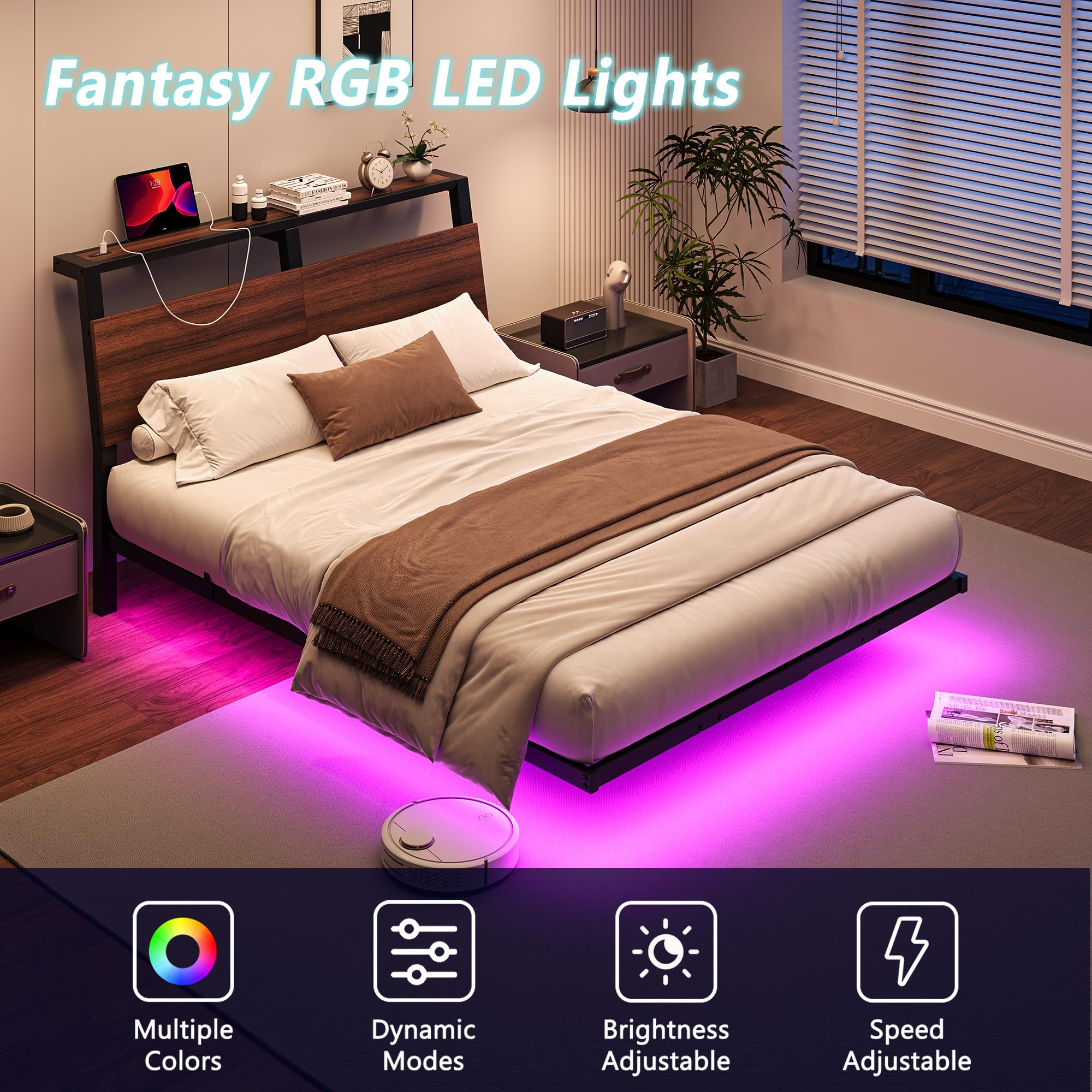 HOJINLINERO Struttura letto matrimoniale galleggiante, 135 x 190 cm, con luci LED e stazione di ricarica, struttura letto matrimoniale in metallo con testiera in legno, supporto a doghe in acciaio
