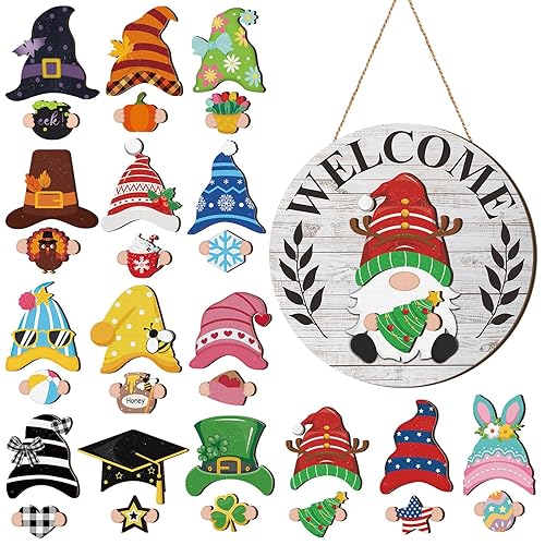 Qunclay Interchangeable Wooden Gnome Decor Holiday Seasonal Gnome Decorations with
