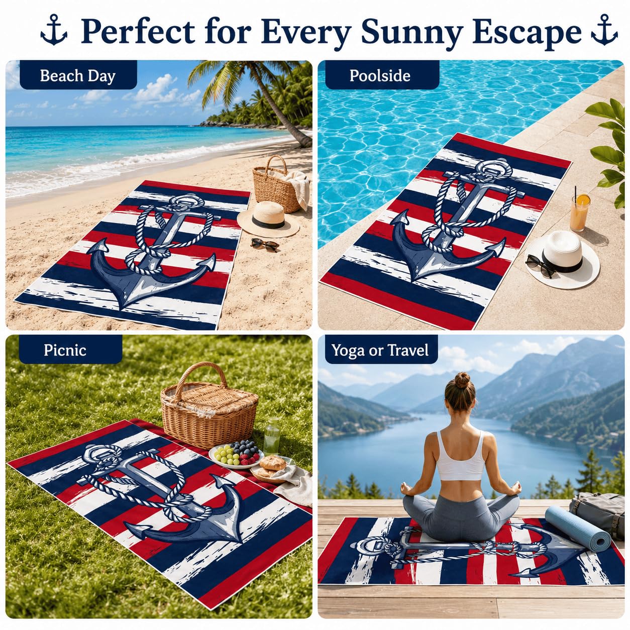 Telo Mare Microfibra Ancora Nautica Asciugatura Rapida | Asciugamano da Spiaggia Strisce Rosse e Blu, 145x200 cm, Assorbente, Accessori Mare, per Palestra Viaggio