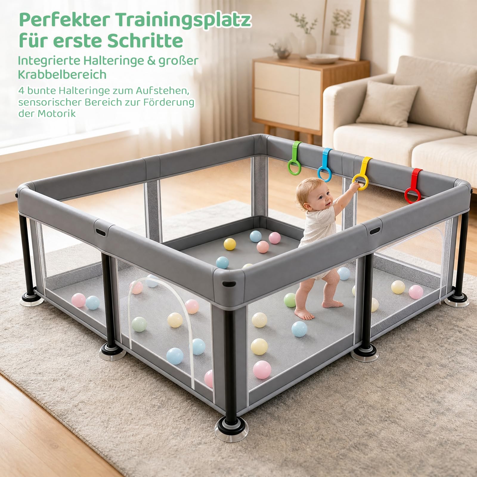 Laufstall Baby Faltbar Laufgitter Playpen, 125*125cm Faltbarer Kinder Play Pen Gitter mit Reißverschlusstür & Starker Saugnapf | Drinnen & Draußen Tragbares Babyzaunn | Quick 60s Pop up (Dunkelgrau）