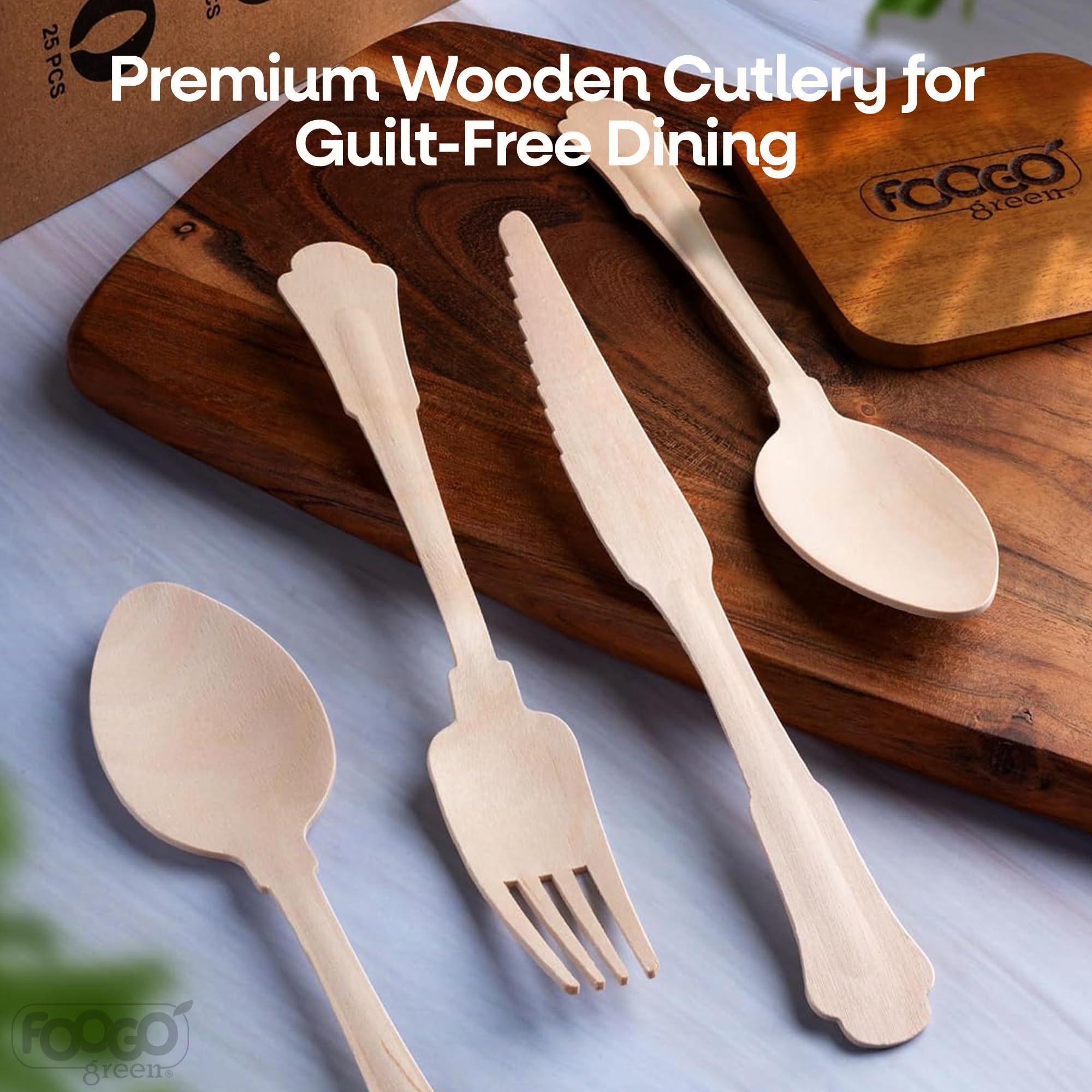 FOOGO Green Set di 600 Posate Monouso in Legno, Certificate FSC®, 25 Forchette, 25 Cucchiai, 25 Coltelli, 16 cm, Compostabili, Set di Posate, Picnic, Set di Posate in Bambù per Aperitivi, Stuzzichini