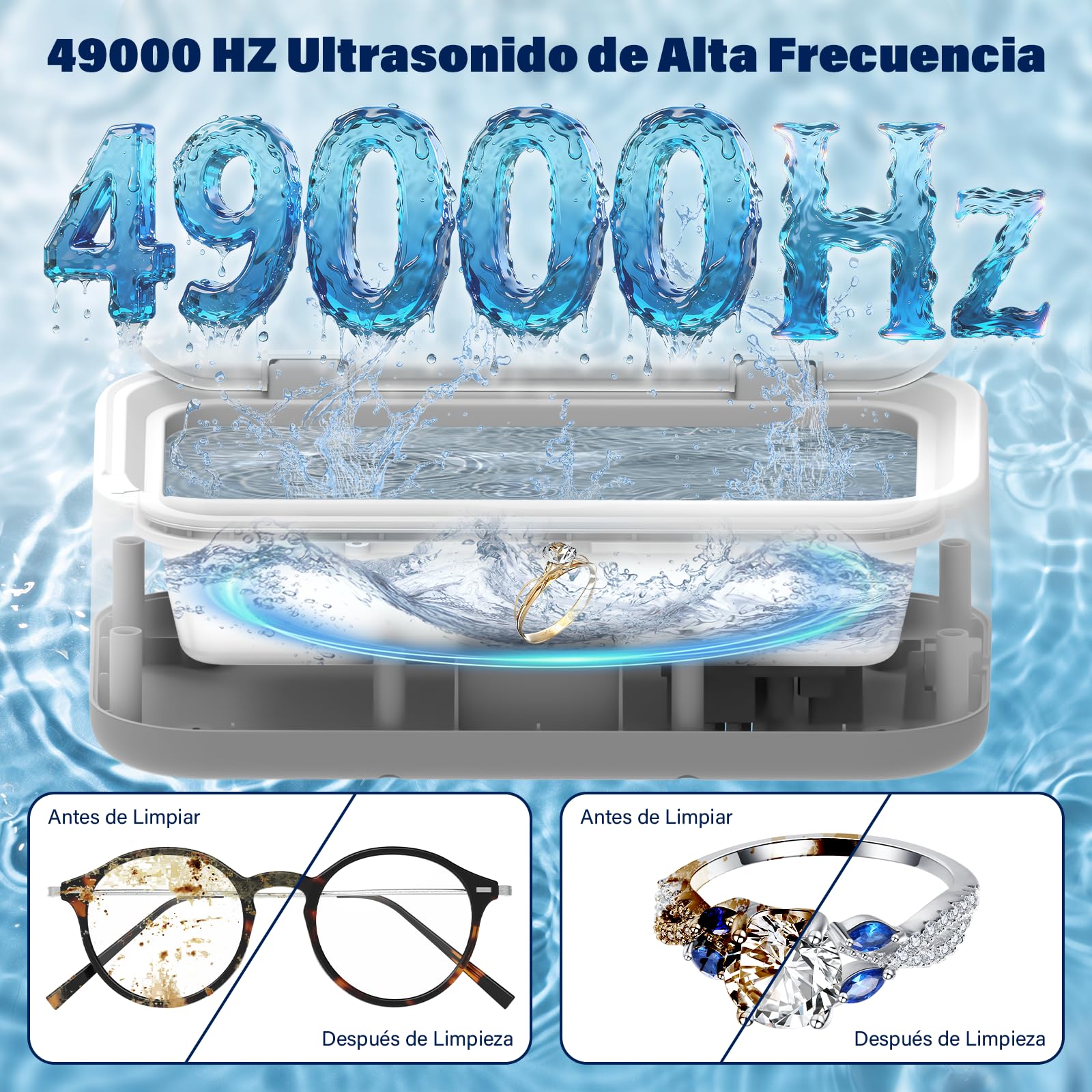 Limpiador Ultrasonidos Olubfdh,800 ml Ultrasonidos Limpieza,49000 HZ Limpiador Ultrasónico Joyas con 5 Modos de Tiempo para Relojes,Joyas,Joyas,Anillos,Relojes,Gafas,Dentaduras Postizas