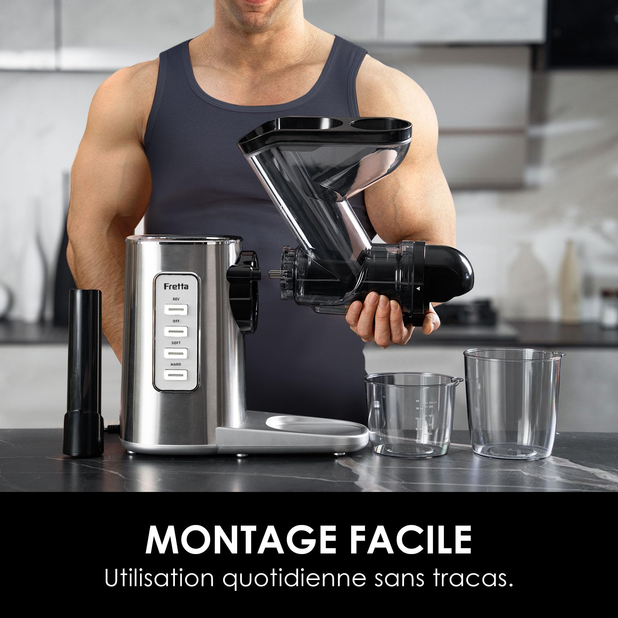 Fretta Extracteur de Jus à Pression à Froid, Goulotte 76 mm, Presse-agrumes sans BPA, Acier Inoxydable