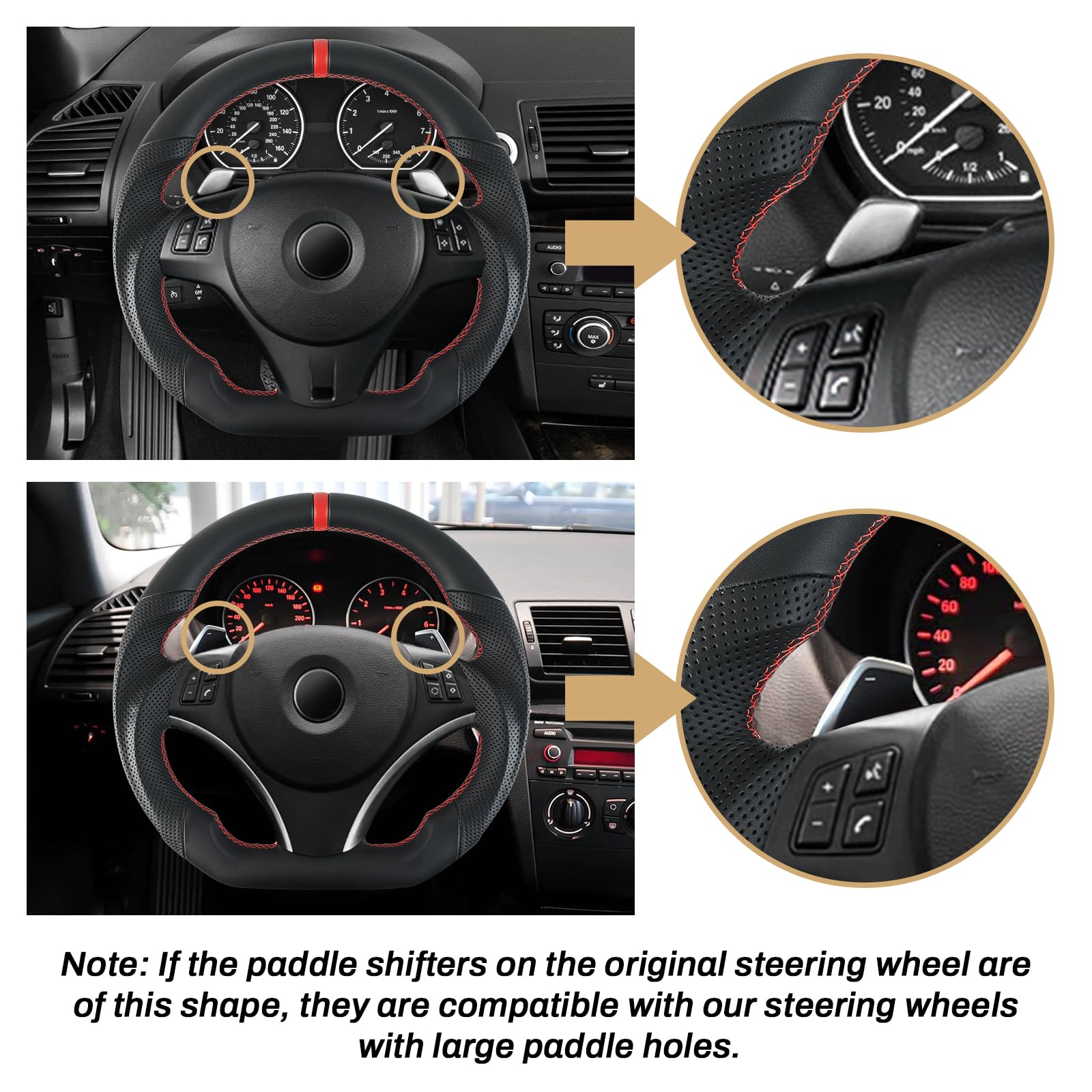 Vollleder - Lenkrad Anti-Rutsch-Ledergriff D-förmig flache Unterseite Lenkrad mit roten Nähten für BMW M Sport 1/3 Series M3/E88 E90 E91 E92 E93 2005-2012