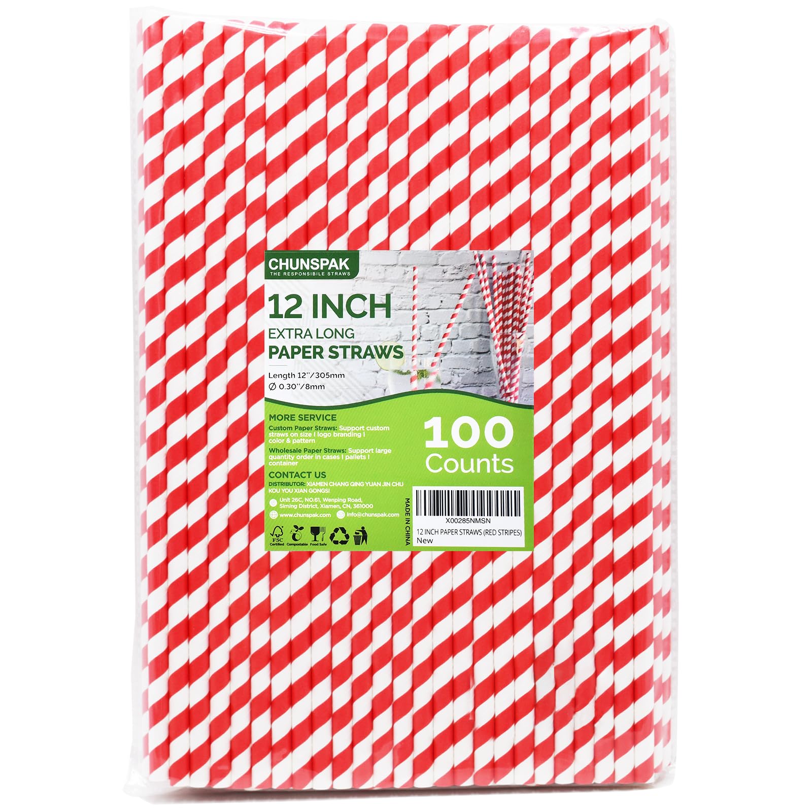 12 Inch Extra Long Large Paper Drinking Straws 8mm Wide - For Smoothies, Shakes, Tall Drinks, 40oz Tumblers - Red Stripe, 100 Count - 100%