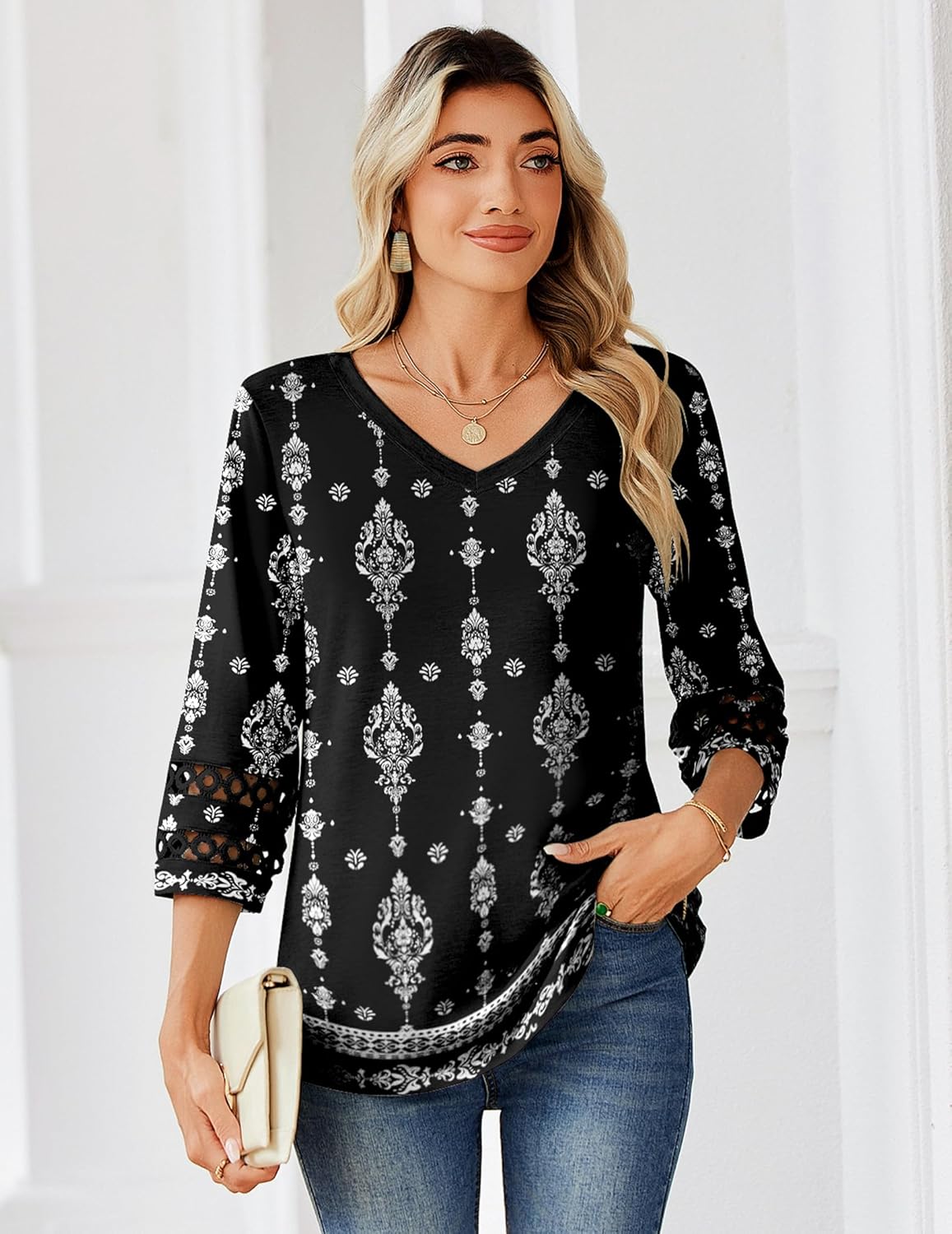 Zeagoo 3/4 Length Sleeve Womens Tops V Neck Dressy Casual Blouses Trendy Eyelet T Shirts Work Clothes S-XXL - Image 2