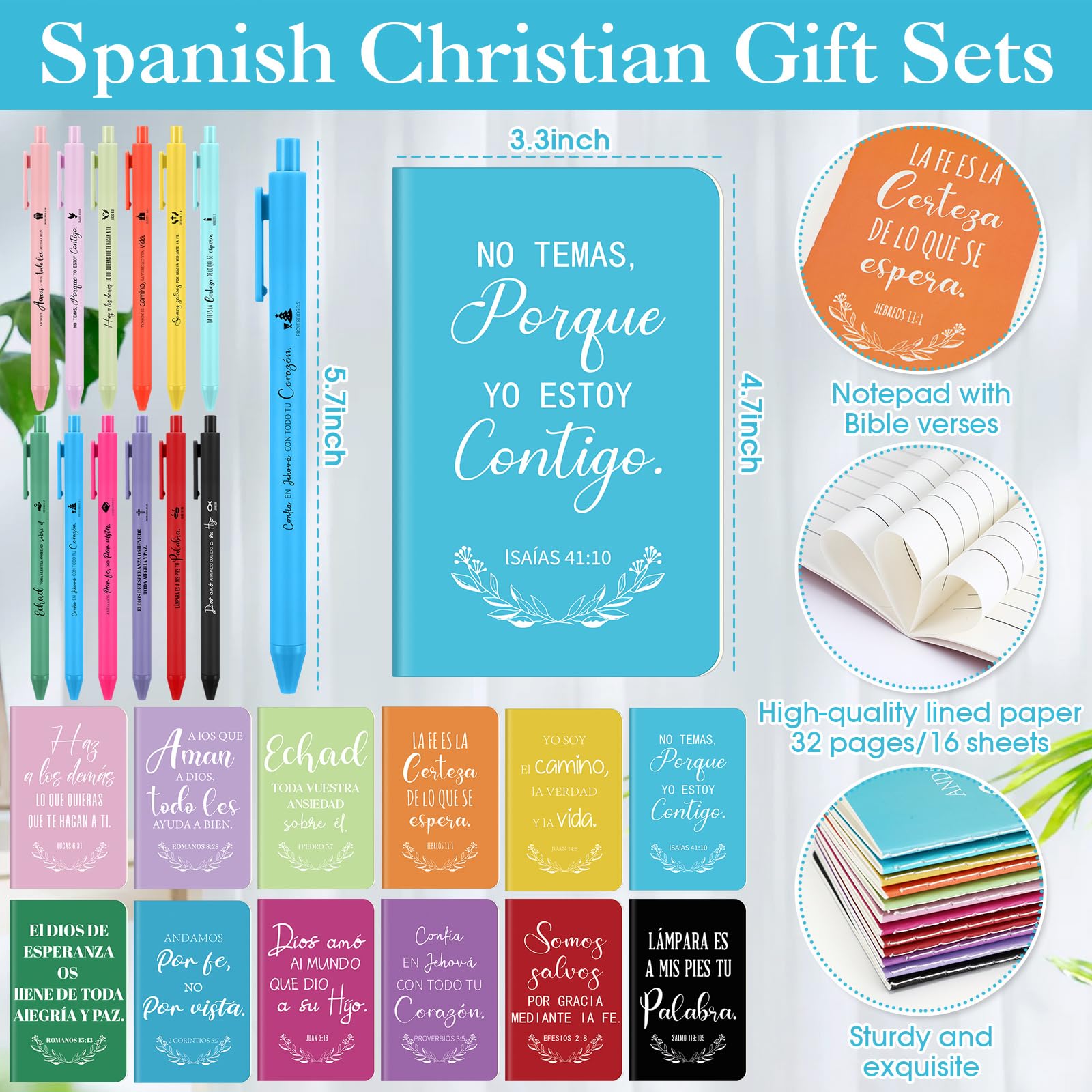 Epakh 72 piezas Regalo cristiano español al por mayor Cuaderno de diario religioso versículos bíblicos Bolígrafo retráctil de bola inspiradora con llavero de cita para adultos, iglesia, escuela