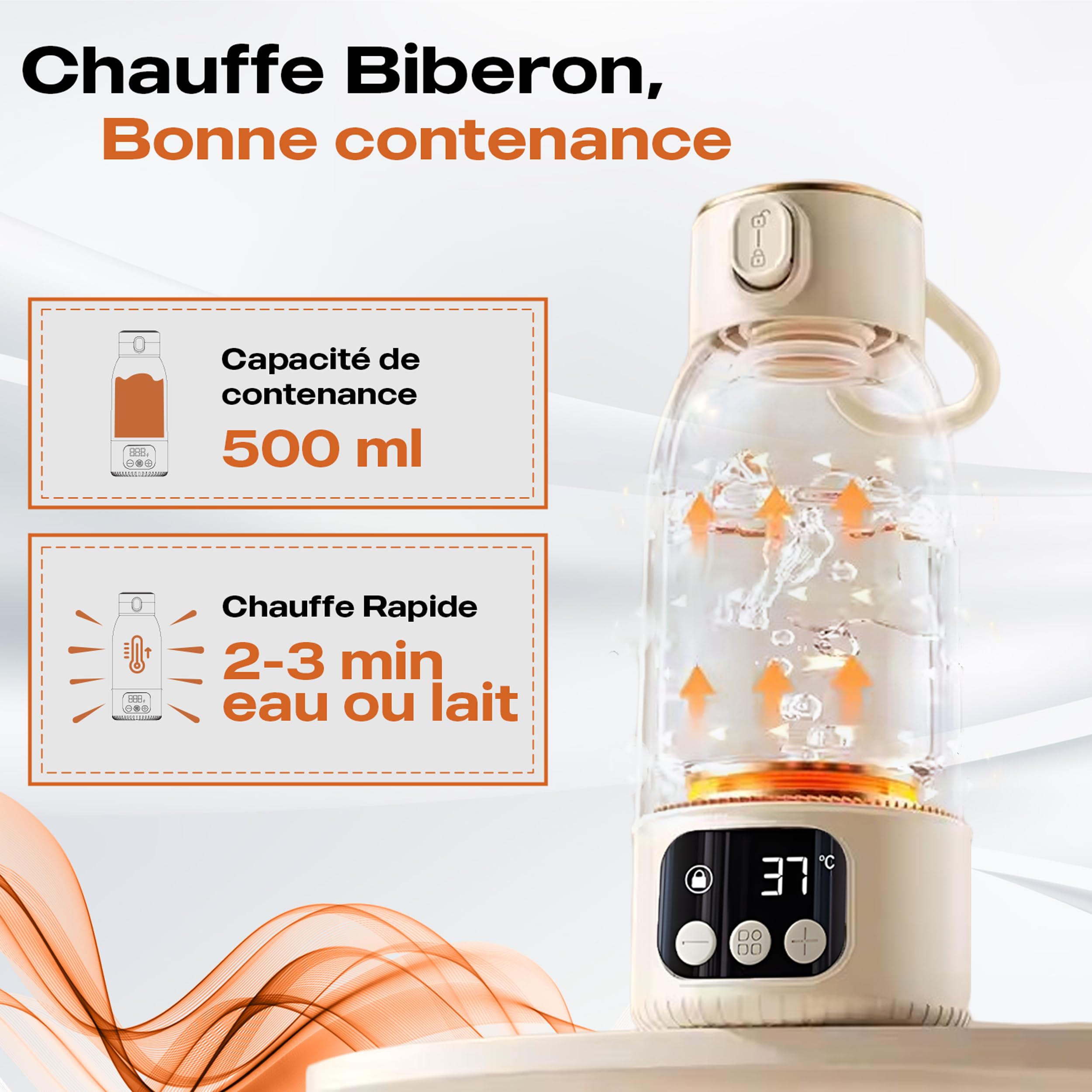 Chauffe-Biberon Portable Nomade, Chauffe Rapide Eau ou Lait, Autonomie Longue Durée, Recharge USB-C, Capacité 500ml, Boîte Doseuse 4 Compartiments, Idéal Voyage & Voiture